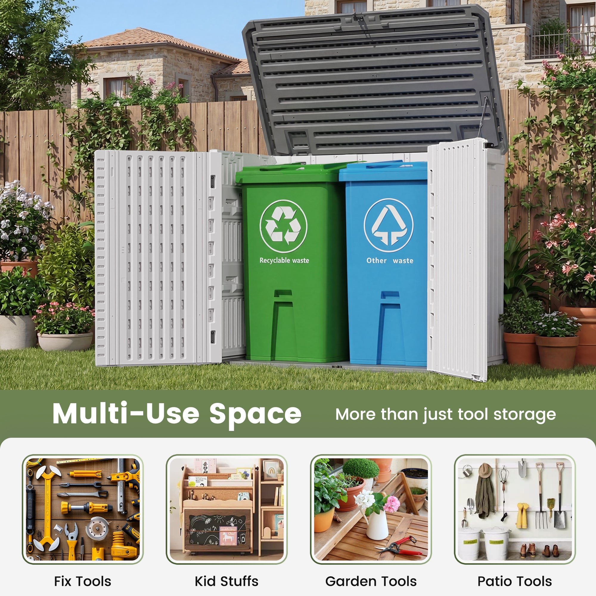 UDPATl0 34 Cu.Ft Resin Outdoor Storage Shed, Patio Plastic Vertical Sheds with Floor, Waterproof Bin Shed Horizontal Storage Cabinet for Patio, Backyards, Garden, Pool, Tool Shed