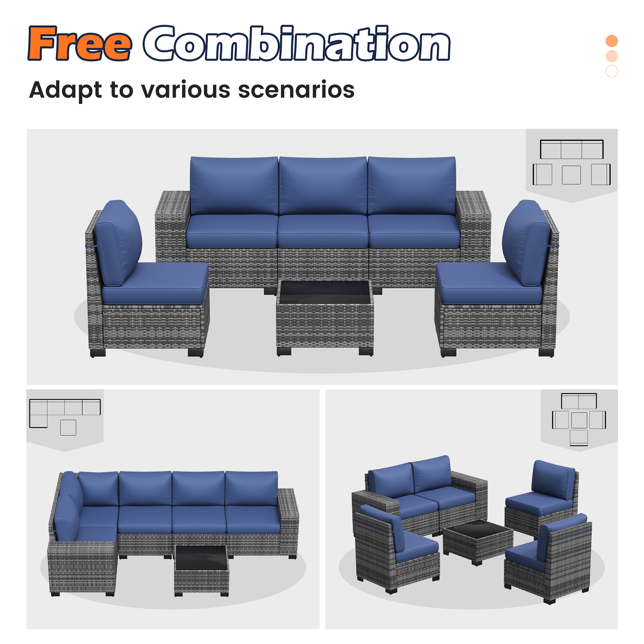 UDPATIO 6-Piece Patio Furniture Set, Outdoor Patio Sofa Set With Wide Armrest, All-Weather Wicker Rattan Guest Set With Cushion And Glass Table And Waterproof Cover, Grey & Navy Blue