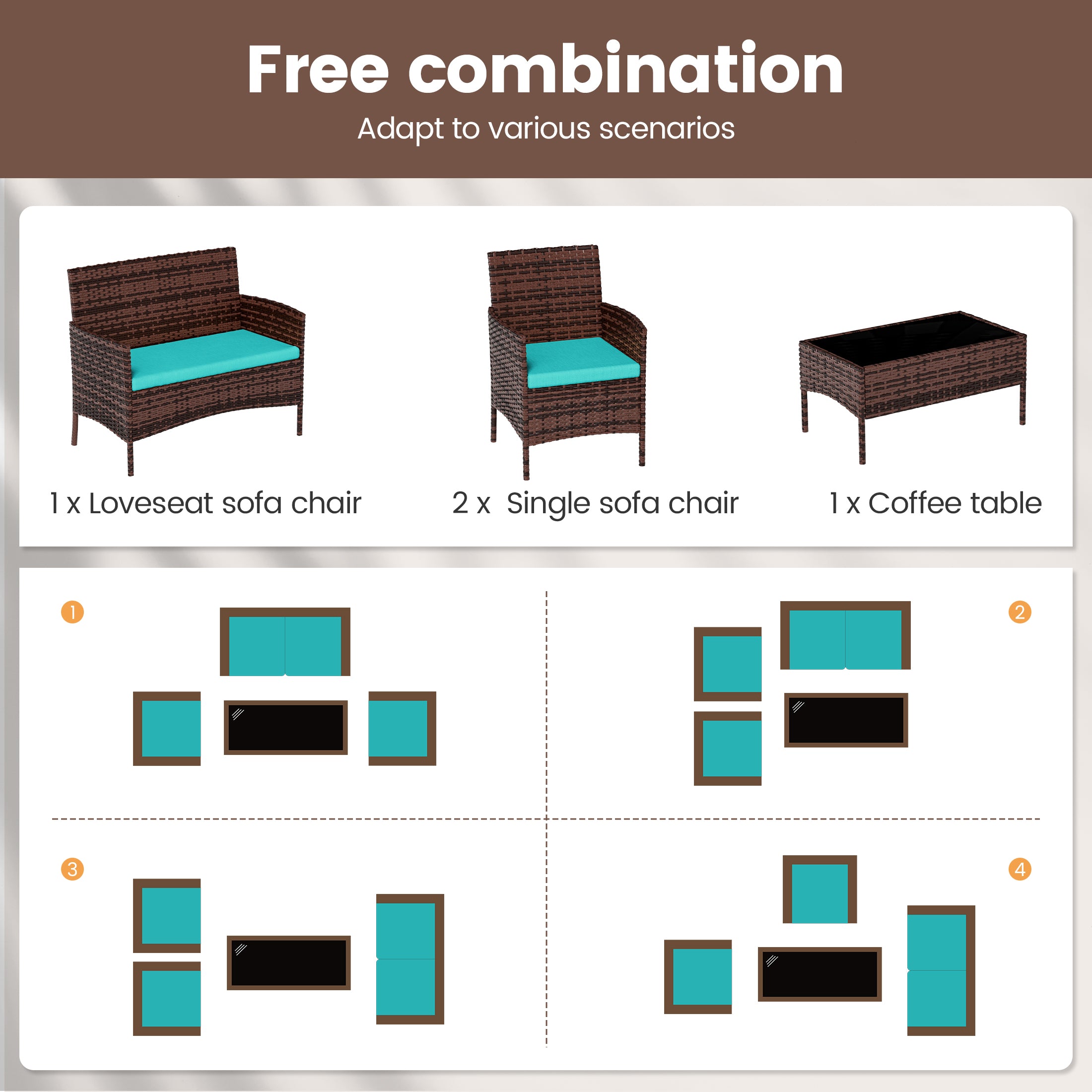 UDPATIO 4 Pieces Outdoor Patio Furniture,Sectional Conversation Sets,Brown PE Rattan Patio Chairs with Table and Loveseat for Balcony, Porch, Backyard,（Turquoise Cushion）