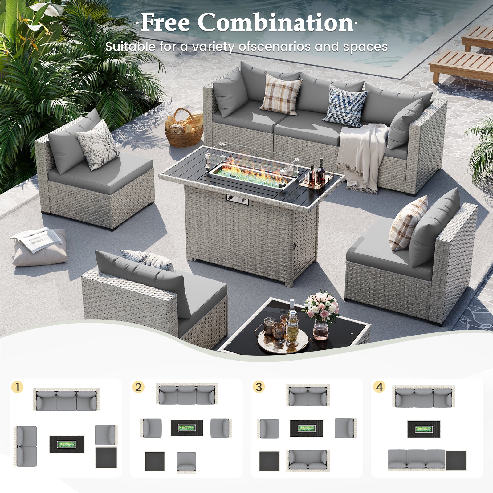 UDPATIO Patio Furniture Set with Fire Pit Table, 8 Pieces Outdoor Sectional Sofa, PE Wicker Patio Conversation Set for Garden, Backyard Green