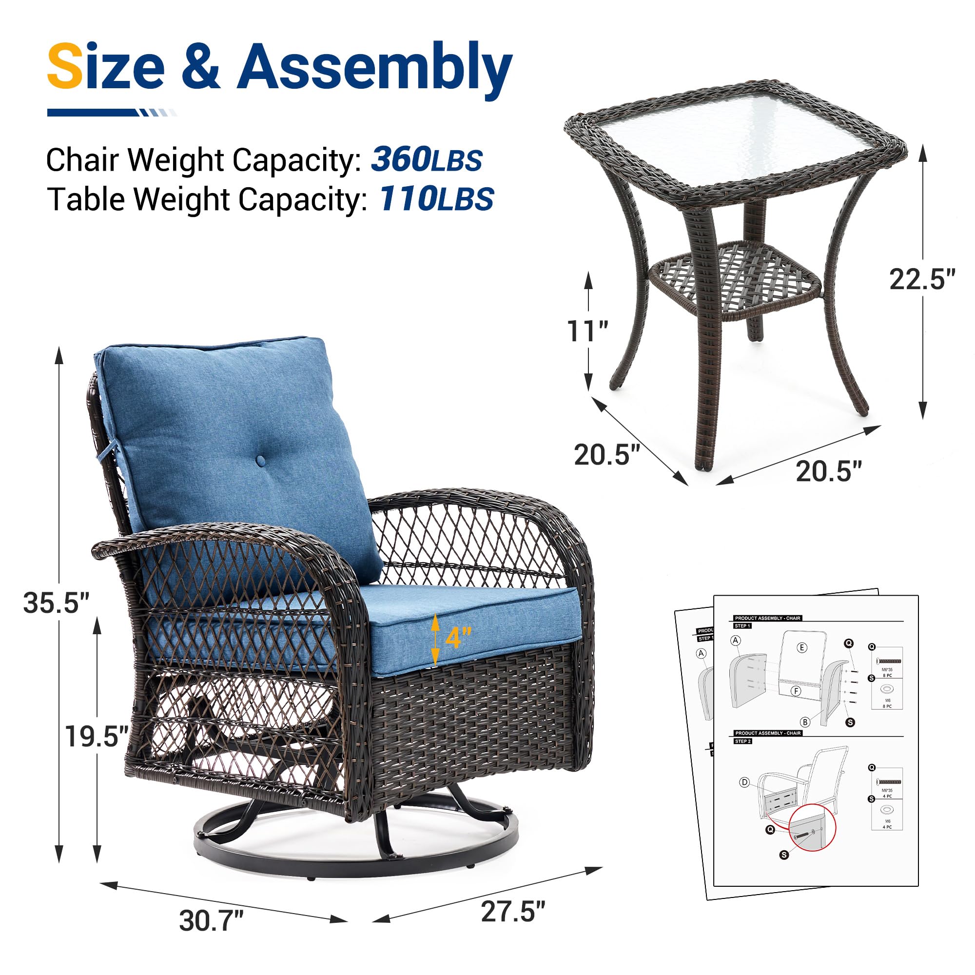 UDPATIO 3 Pieces Patio Furniture Set, Outdoor Swivel Rocker Patio Chairs Set of 2, All-Weather PE Wicker Glider Chairs with Thick Cushions and Glass Coffee Table，for Porch Deck Backyard