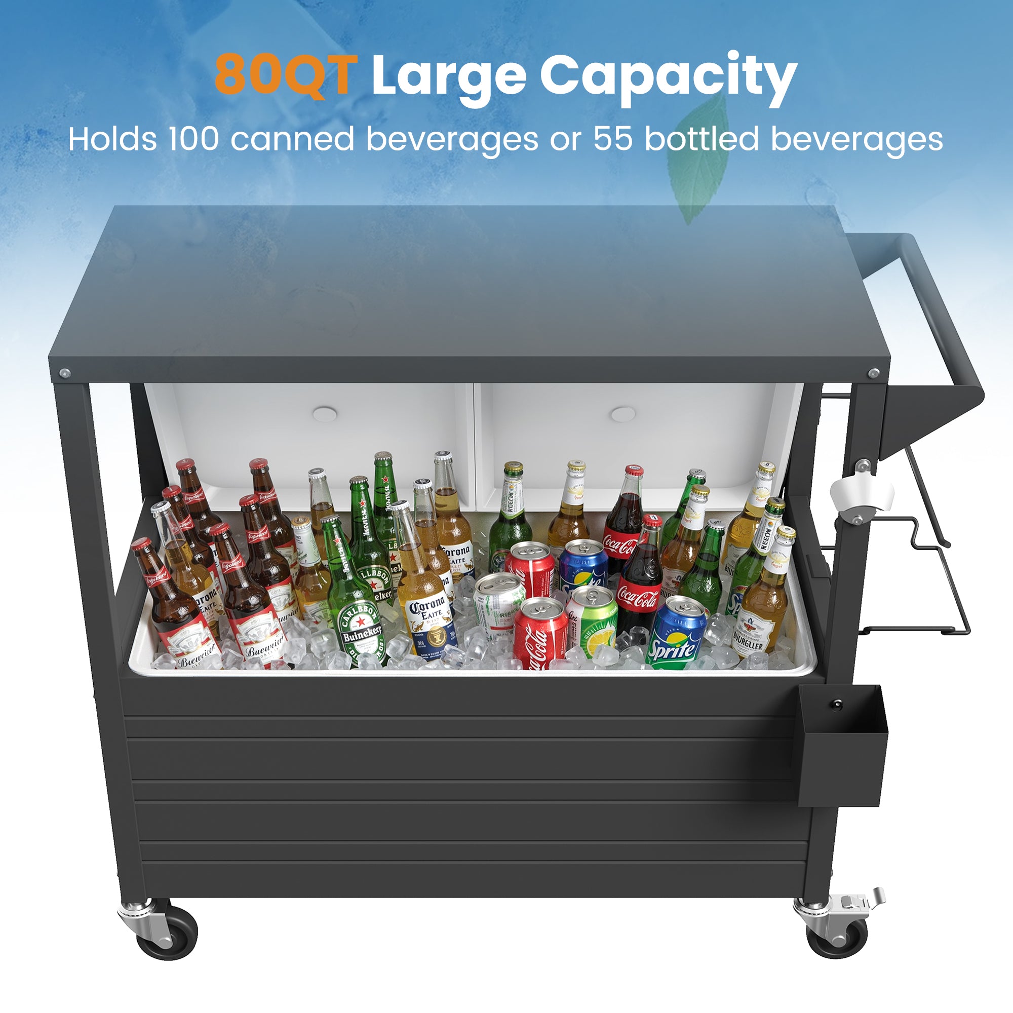 80 Quart Rolling Ice Chest with Top Table Patio Cooler Cart with 4 Wheels, Portable Outdoor Beverage Cooler with Drain Plug Weather Resistant for BBQ Party Pool Deck, Indoor & Outdoor Use