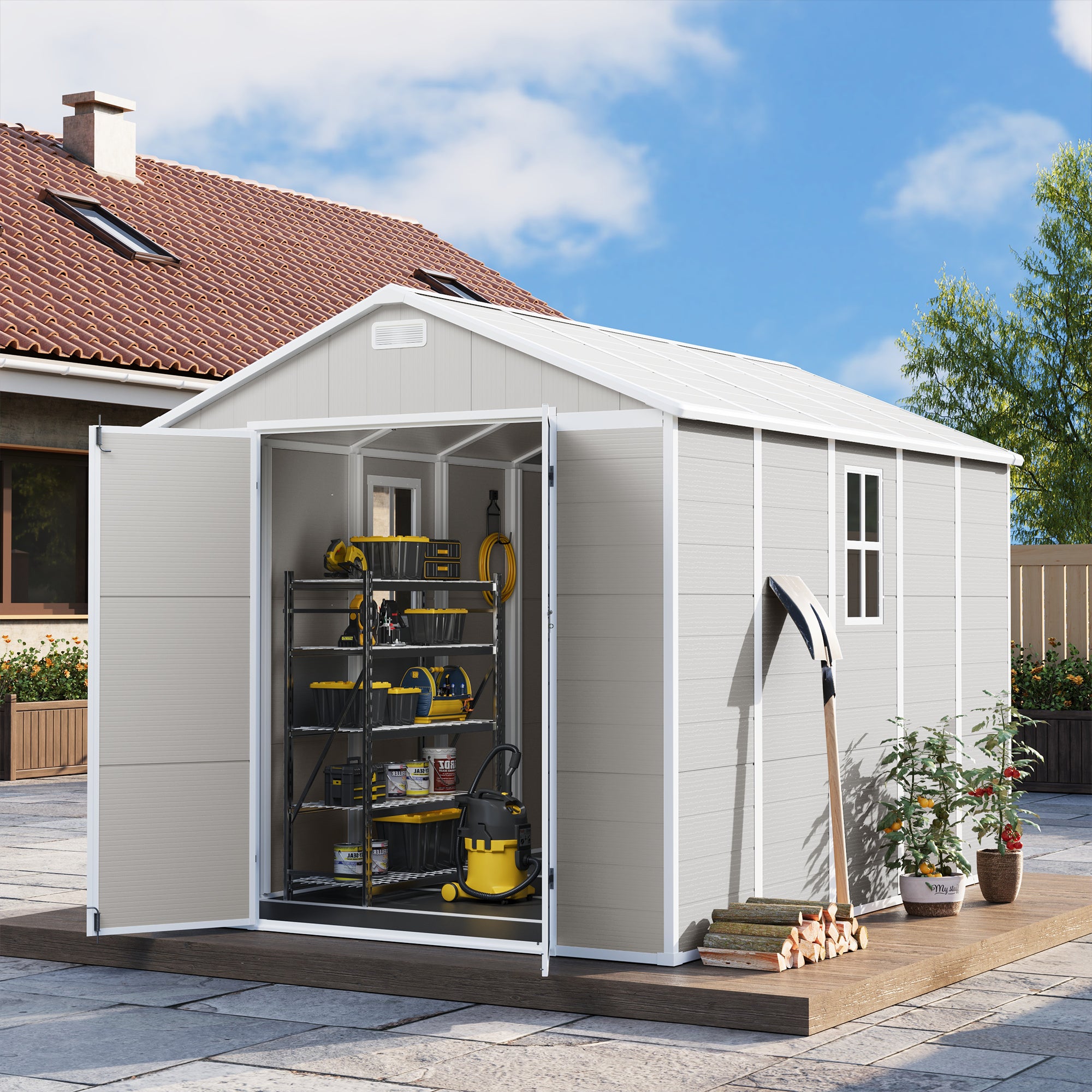 UDPATIO Resin Storage Shed 8 x 10 FT, Outdoor Garden Sheds with Floor Plastic Patio Outdoor Storage with Lockable Door for Bike, Garbage Sandstone