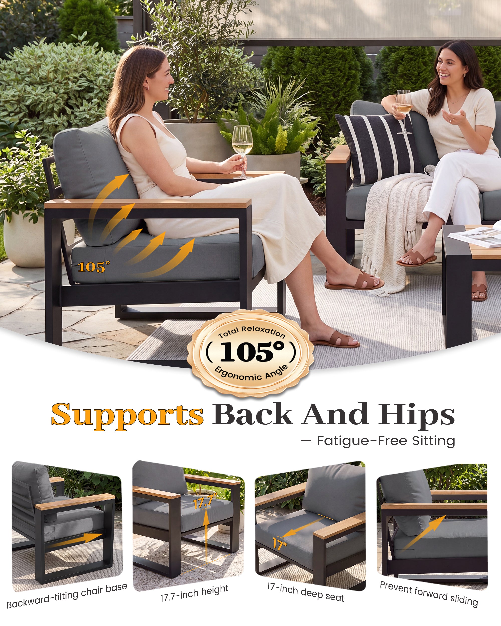 UDPATIO Aluminum Patio Furniture Set 4 Pieces, Ergonomic Backrest