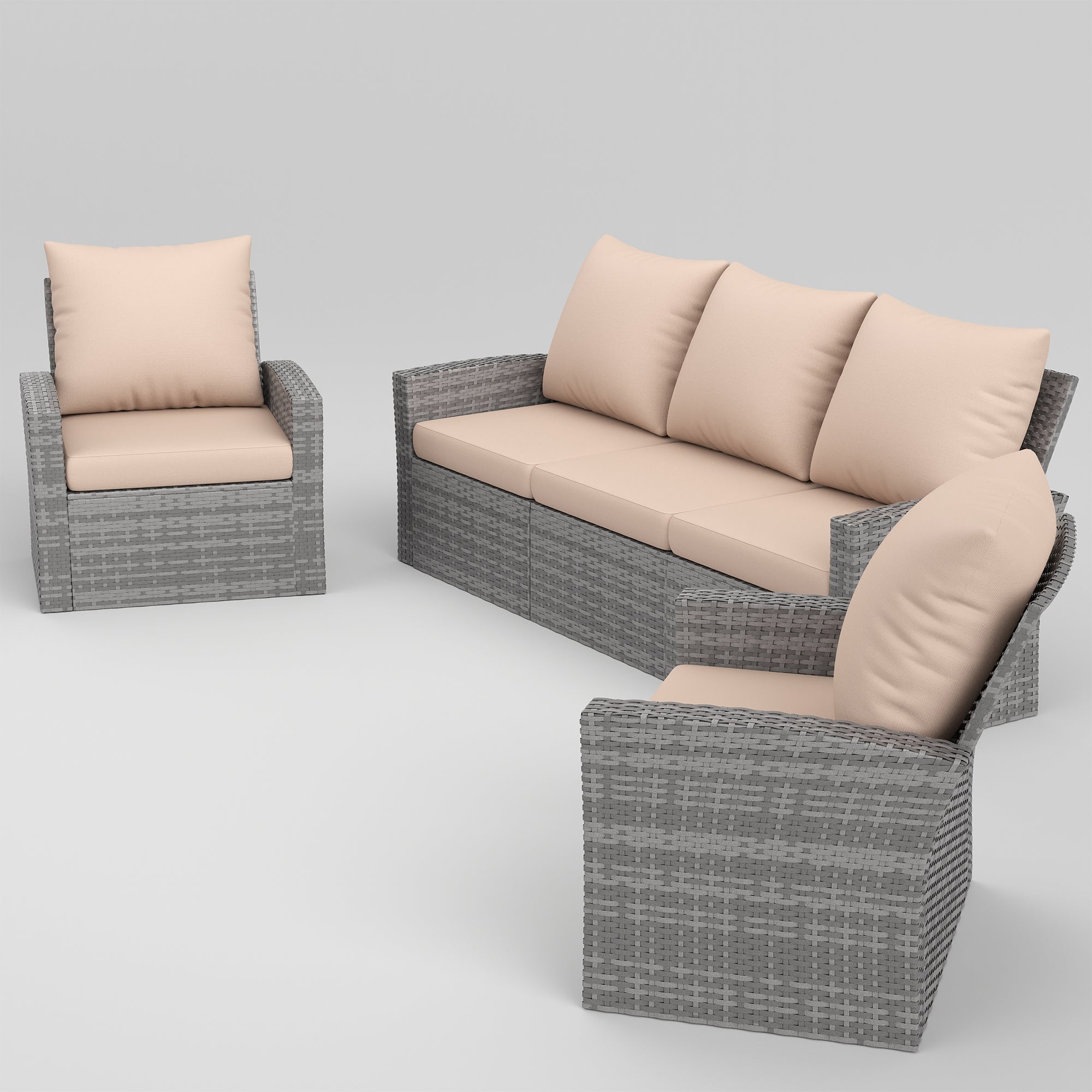 UDPATIO Outdoor Sectional Conversation Sets，Gray Wicker Patio Furniture Set，3-piece outdoor sofa set for Balcony, Porch, Backyard, Beige