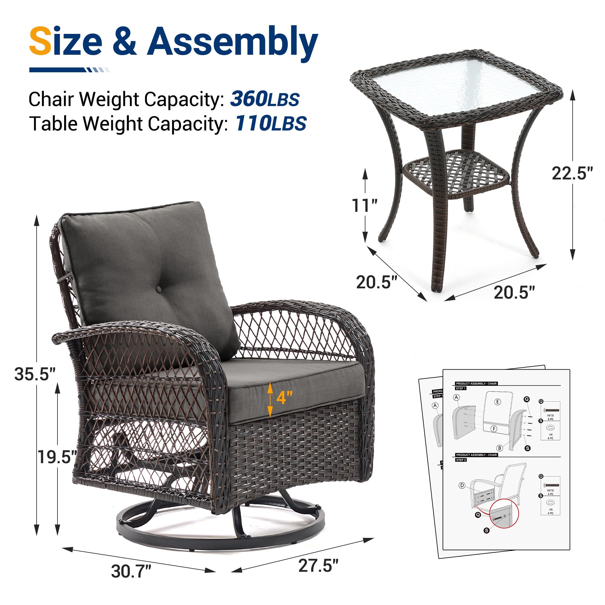 UDPATIO 3 Pieces Patio Furniture Set, Outdoor Swivel Rocker Patio Chairs Set of 2, All-Weather PE Wicker Glider Chairs with Thick Cushions and Glass Coffee Table，for Porch Deck Backyard