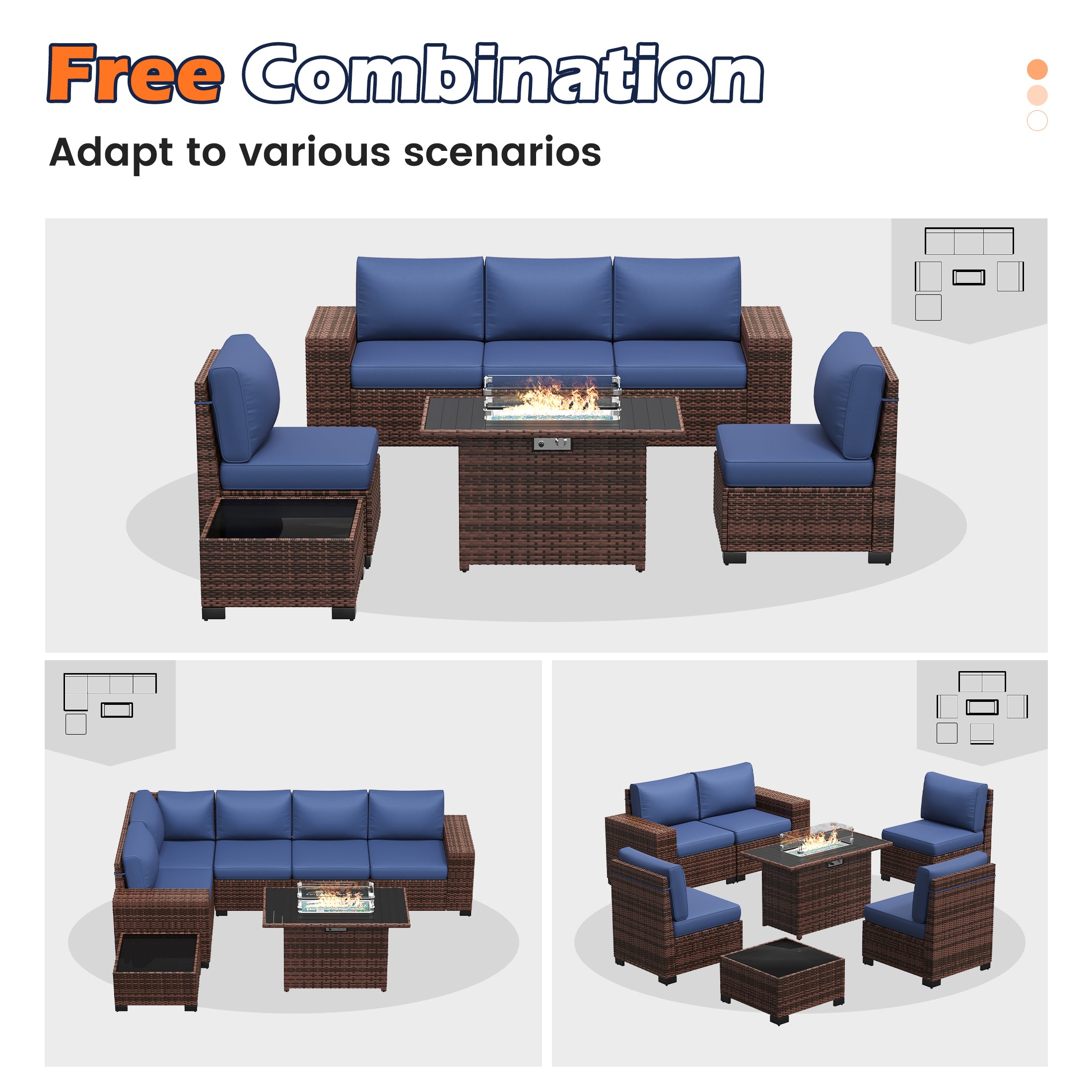 UDPATIO Patio Furniture Set with Fire Pit Table, Outdoor Patio Sofa Set With Wide Armrest, All-Weather Wicker Rattan Guest Set With Cushion And Glass Table And Waterproof Cover, Brown&Navy Blue