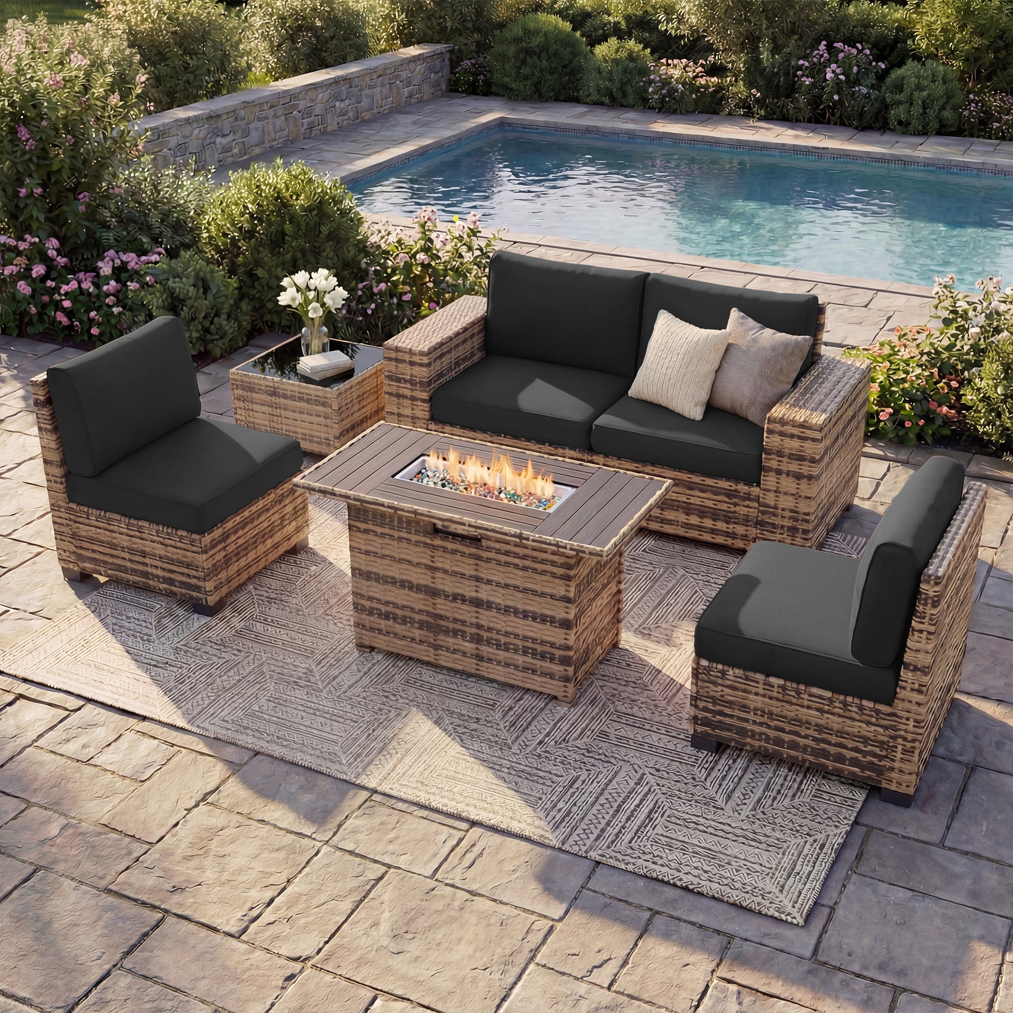 UDPATIO Patio Furniture Set with Fire Pit Table, 8 Inch Armrest Outdoor Sectional Sofas, 6 Piece All-Weather Wicker Conversation for Garden, Backyard