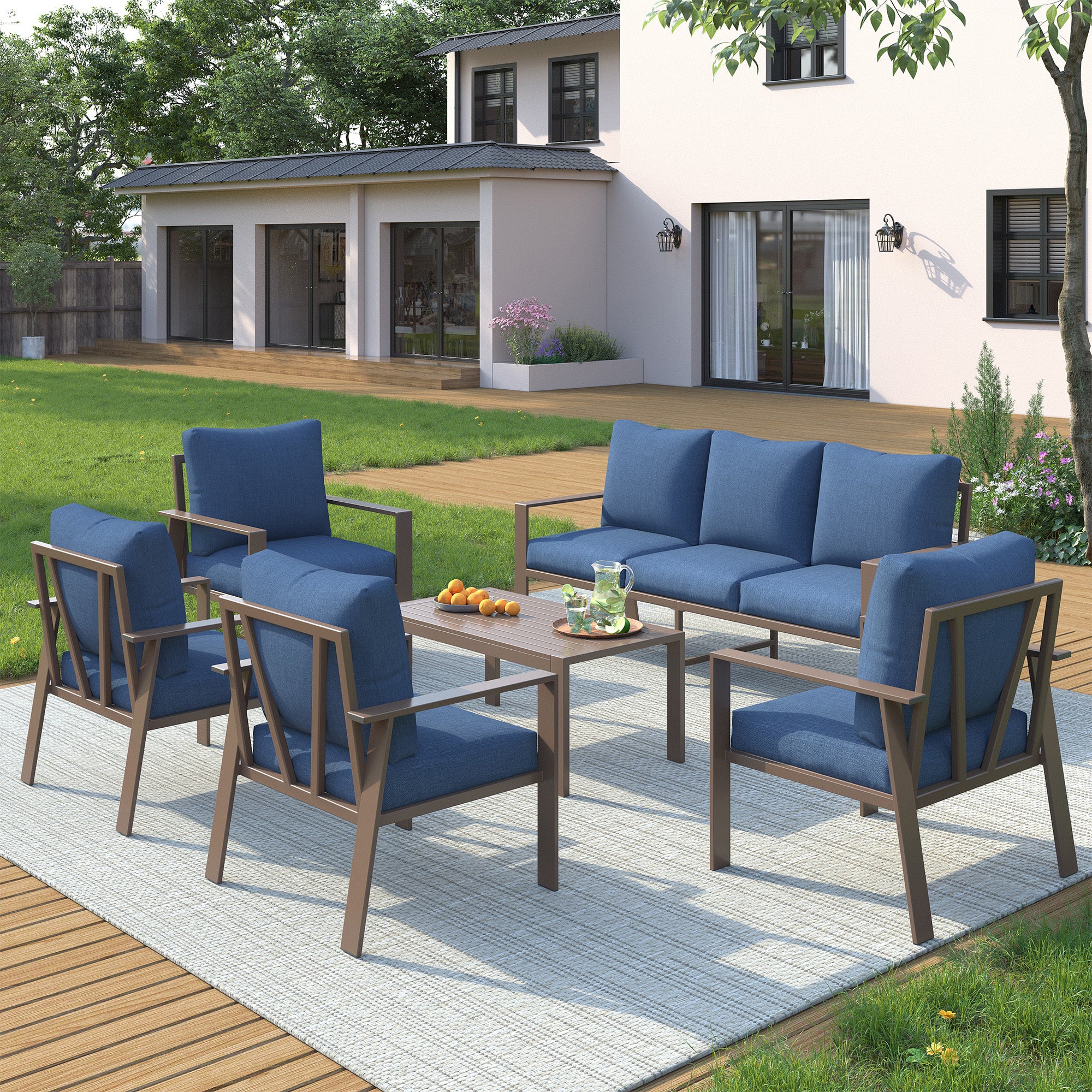 UDPATIO 6 Pieces Aluminum Patio Furniture Set, 7-Seat Metal Outdoor Furniture Set with 4" Water-Resistant Cushion & Coffee Table,  Patio Conversation Sets for Porch, Deck, Garden