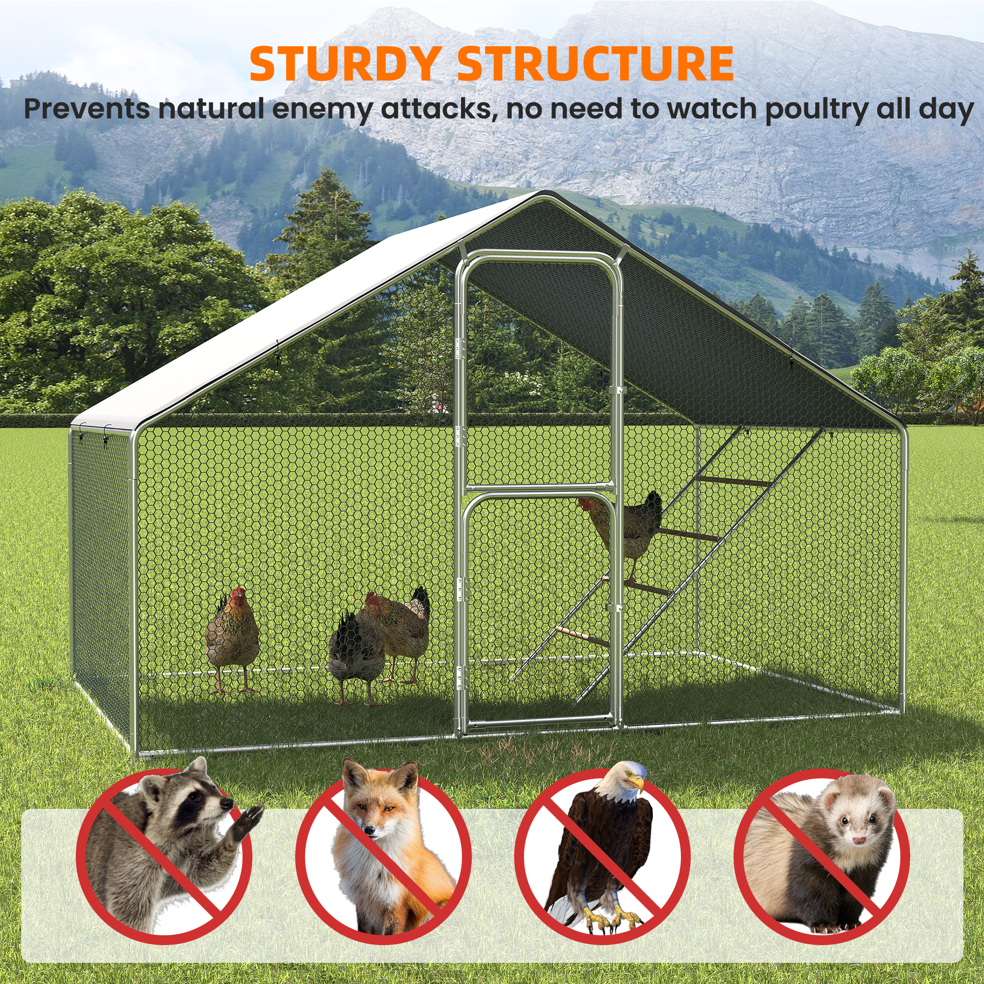 UPDATIO Large Metal Chicken Coop Walk In with Roosting Perch — Heavy-Duty Outdoor Poultry Pen with Protective Cover, Predator-Proof & Weather-Resistant  for 10-15 Chickens,6*10*6 FT