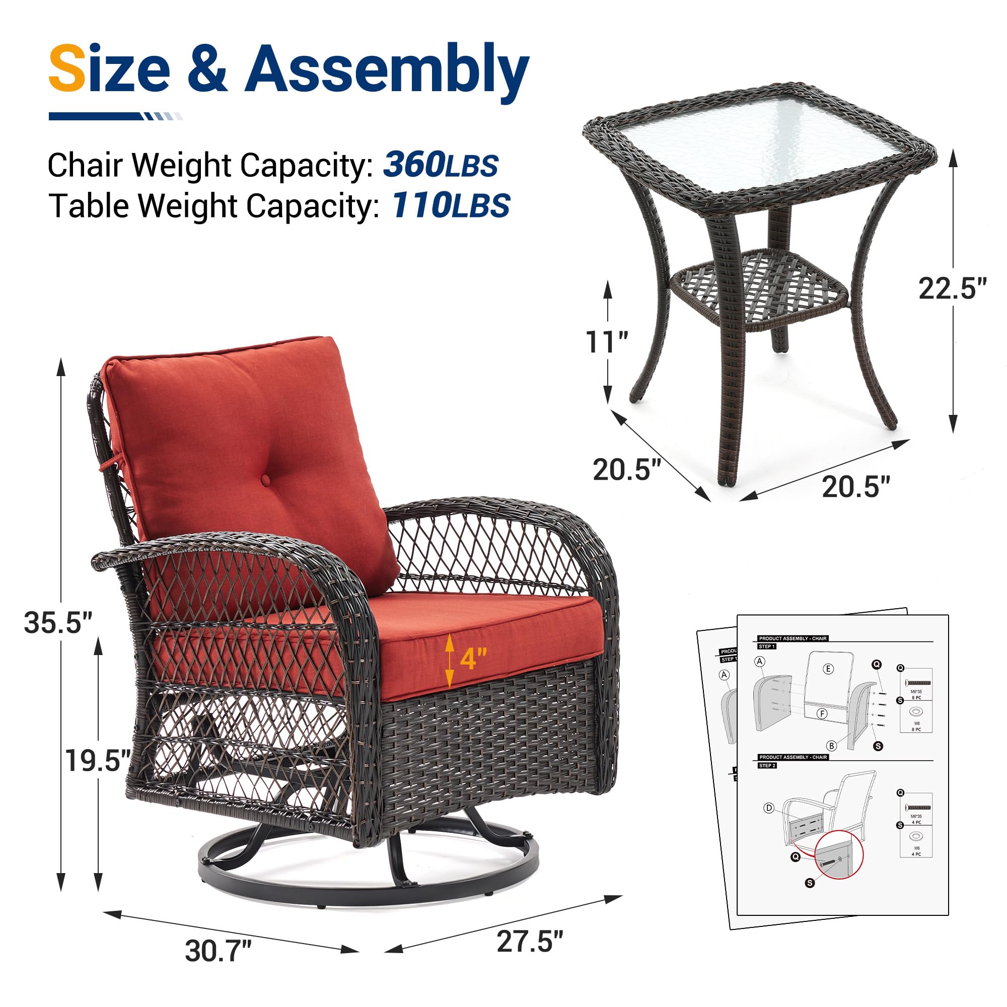 UDPATIO 3 Pieces Patio Furniture Set, Outdoor Swivel Rocker Patio Chairs Set of 2, All-Weather PE Wicker Glider Chairs with Thick Cushions and Glass Coffee Table，for Porch Deck Backyard