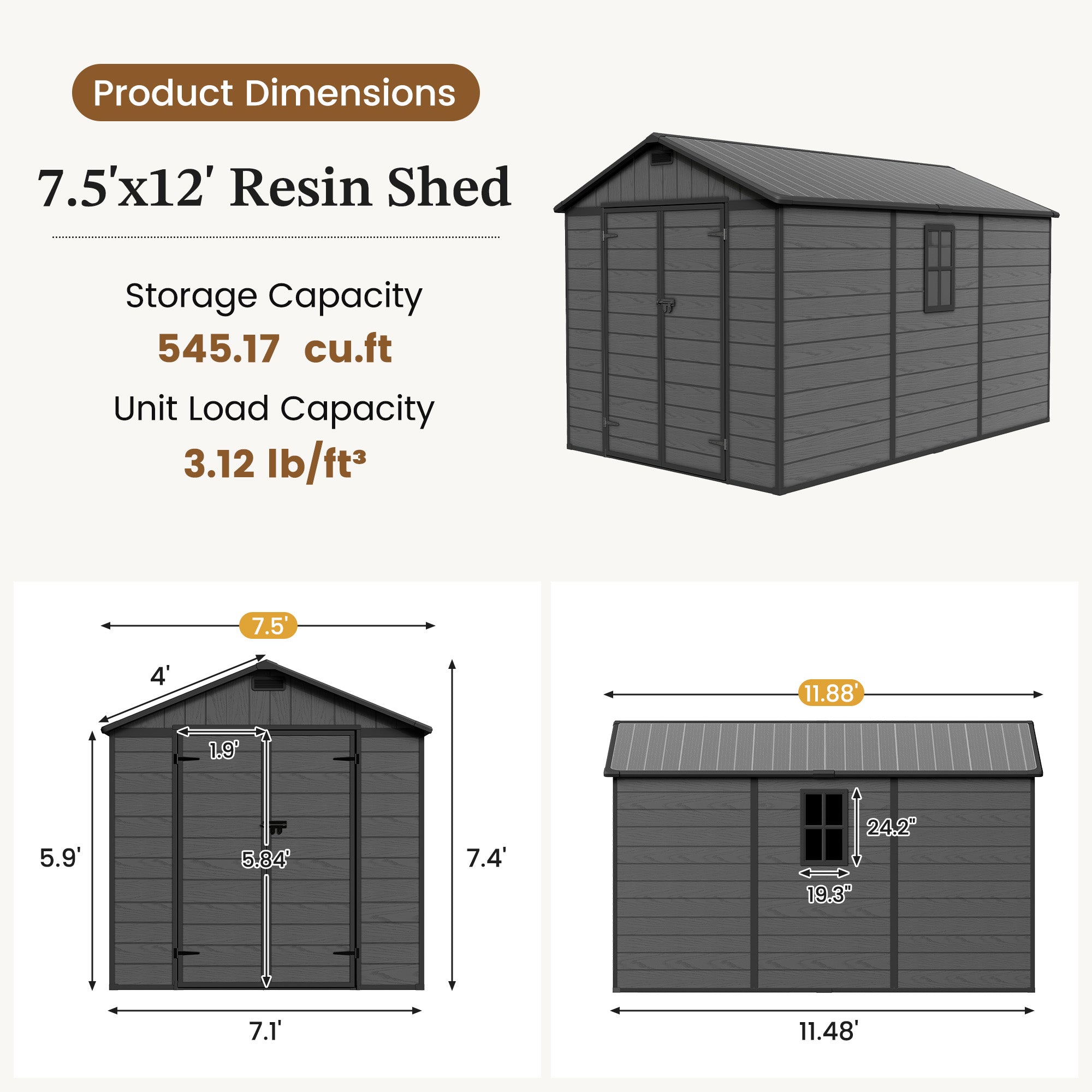 UDPATIO Resin Storage Shed 7.5x12 FT, Outdor Plastic Shed for Garden Tools Pool Equipment, Outside Sheds with Lockable Door for Backyard, Patio, Lawn, Dark Grey
