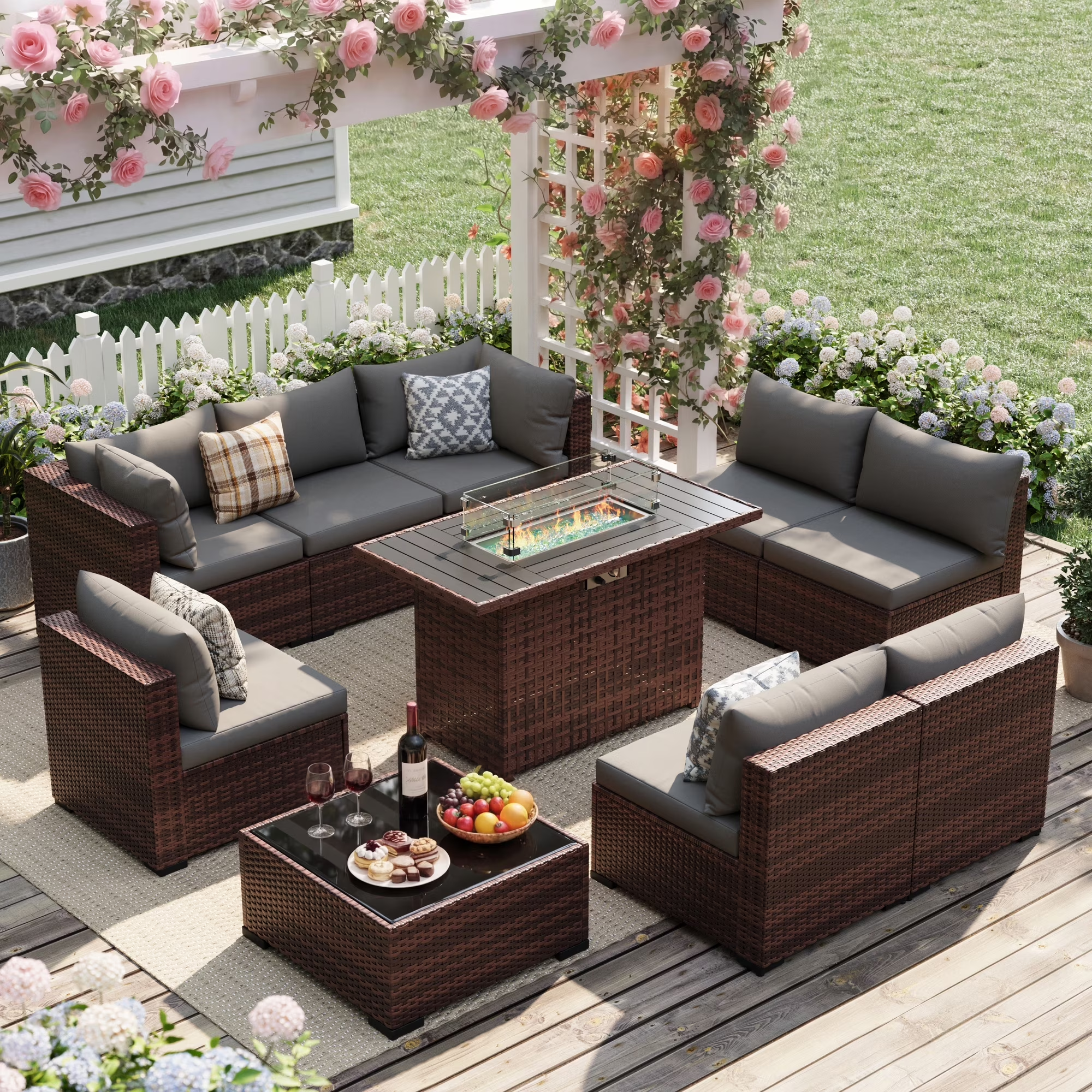 UDPATIO Patio Furniture Sets, Modular Rattan Outdoor Patio Sectional Furniture with 44" Fire Pit Table,, Wicker Patio Conversation Set for Backyard, Deck, Poolside w/Glass Coffee Table, 9PC Grey