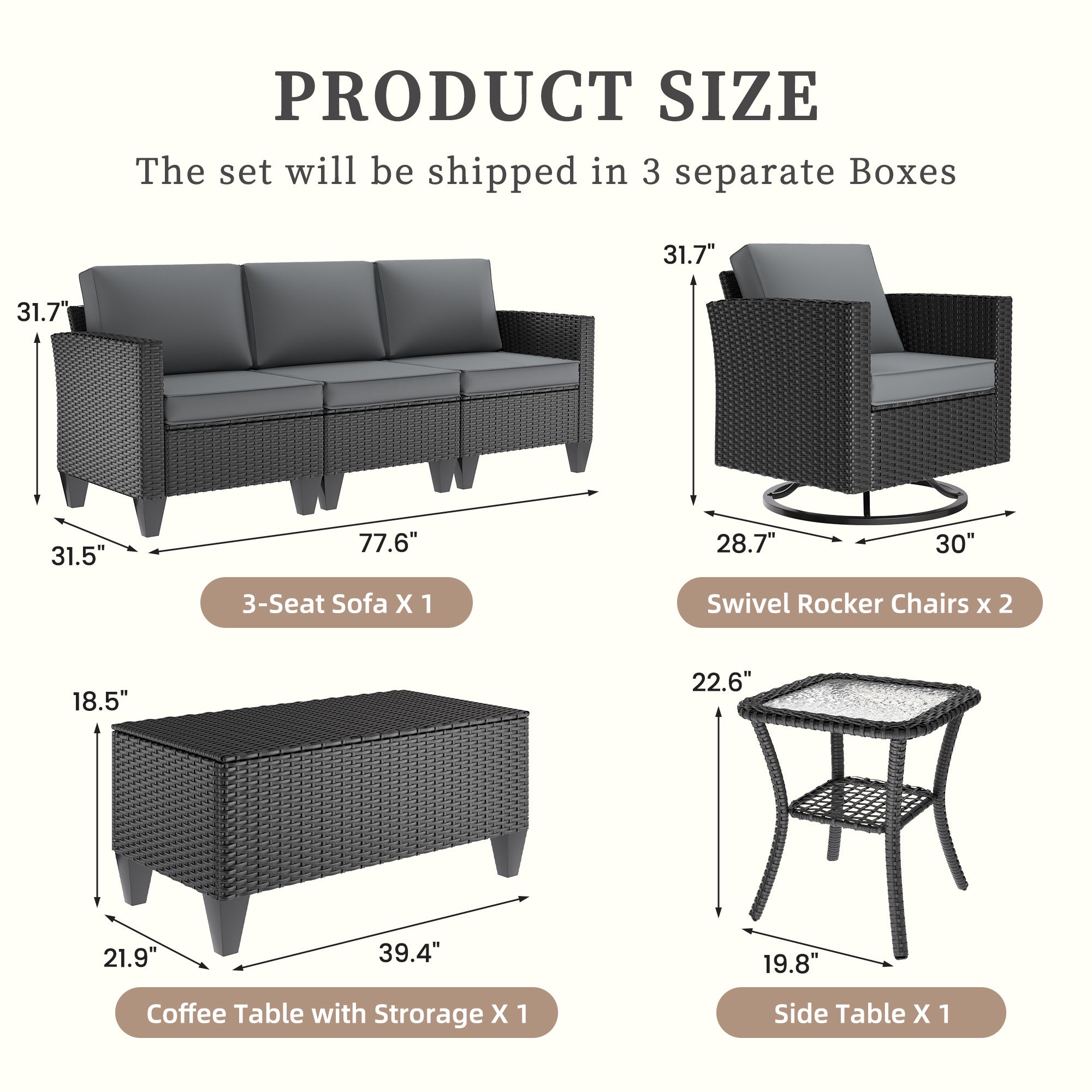 UDPATIO Patio Furniture Set, 5 Pieces Outdoor Conversation Sets with Rocking Swivel Chairs, Wicker Rattan Outdoor Sofa Set with Storage Table and Waterproof Covers for Backyard, Deck, Porch, Grey