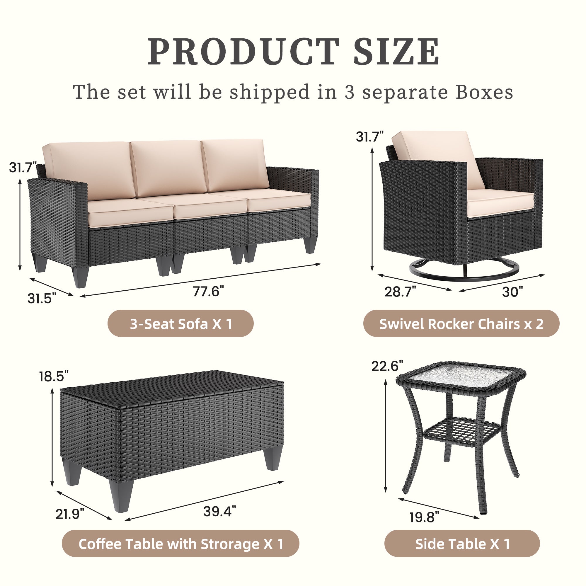 UDPATIO Patio Furniture Set, 5 Pieces Outdoor Conversation Sets with Rocking Swivel Chairs, Wicker Rattan Outdoor Sofa Set with Storage Table and Waterproof Covers for Backyard, Deck, Porch, Khaki