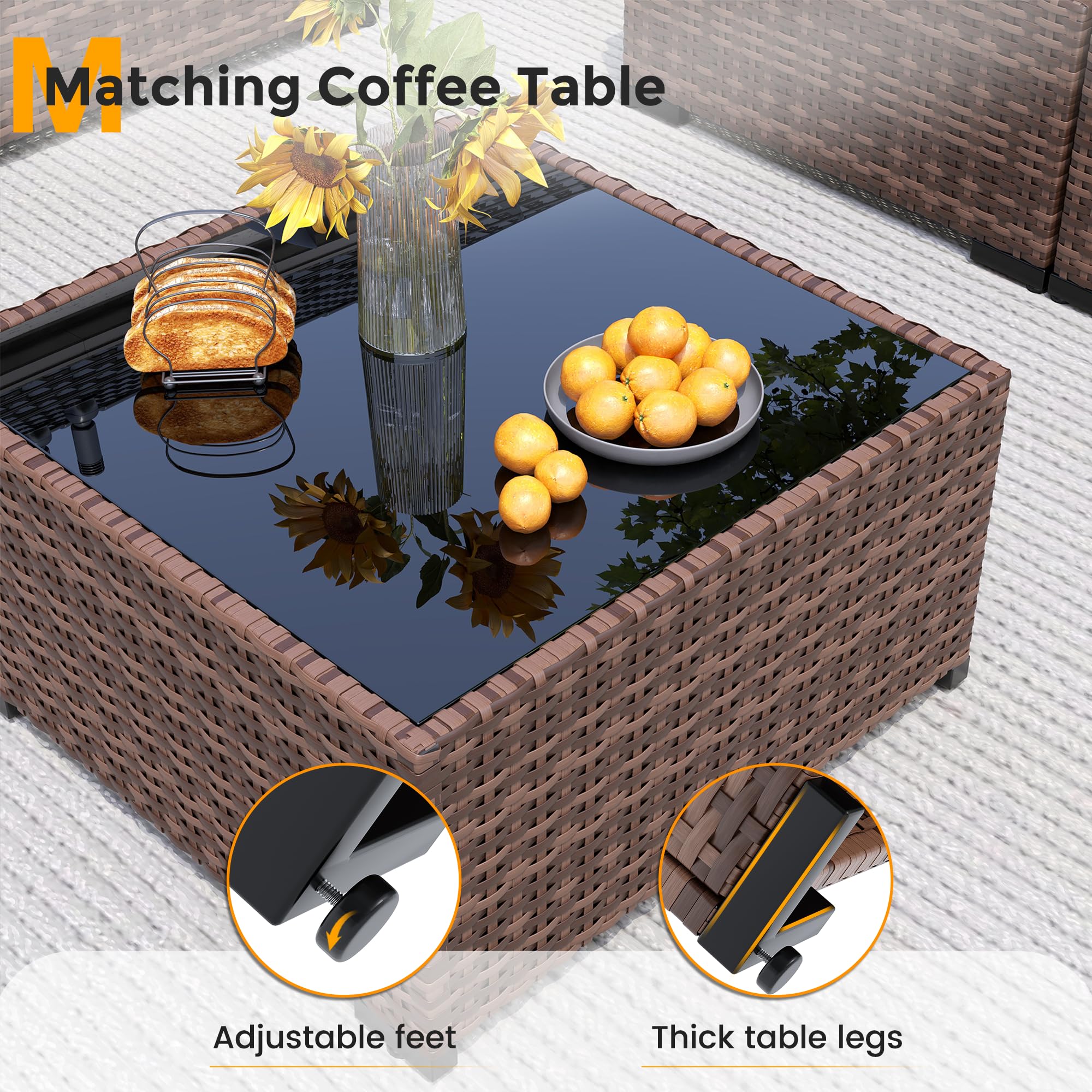 UDPATIO Furniture Set, 7 Piece Sectional Sofas with Wicker Coffee Table, Conversation for Garden, Backyard, Dark Grey