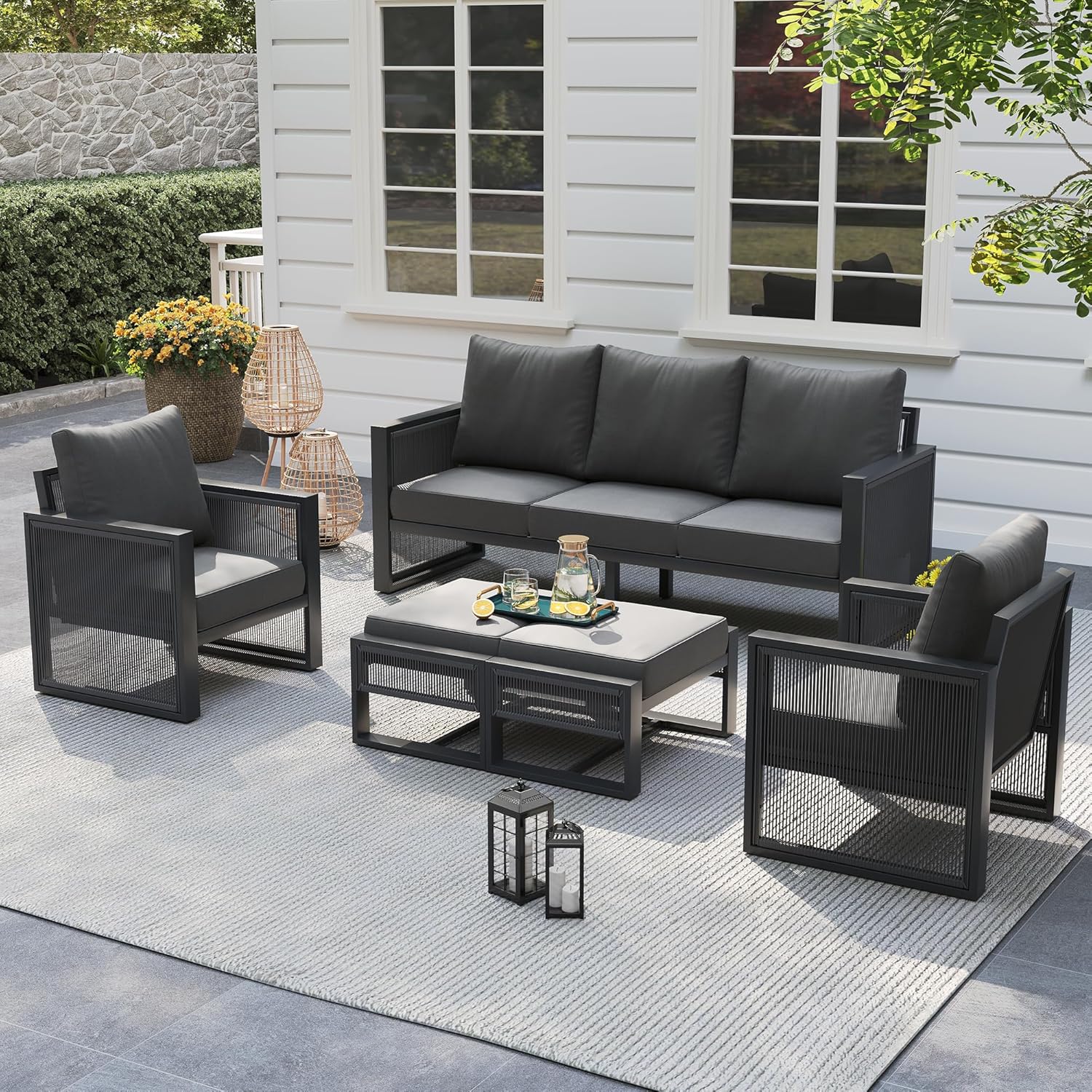 UDPATIO Aluminum Outdoor Patio Furniture Set with Coffee Table, 4 Piece Modern Patio Furniture Set, Patio Conversation Sets with Thickend Cushions and PE Rope, for Porch, Balcony, Light Grey/Beige