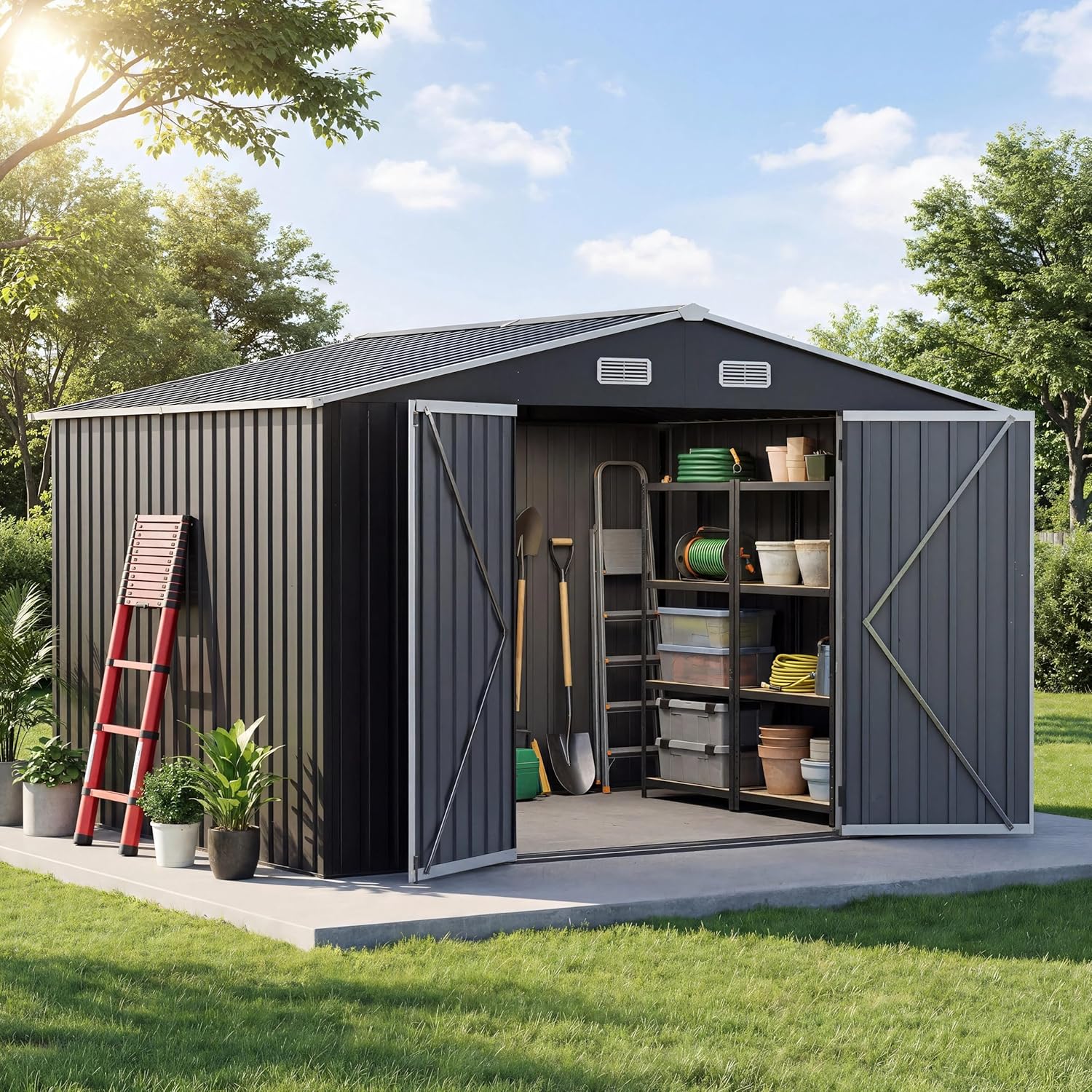 UDPATIO 10×8 FT Outdoor Storage Shed, Metal Steel All-Weather Resistant Garden Tool Shed with Sloped Roof & Lockable Door, Outside Heavy Duty Sheds for Bicycle in Patio Lawn, Garden, Backyard, Grey