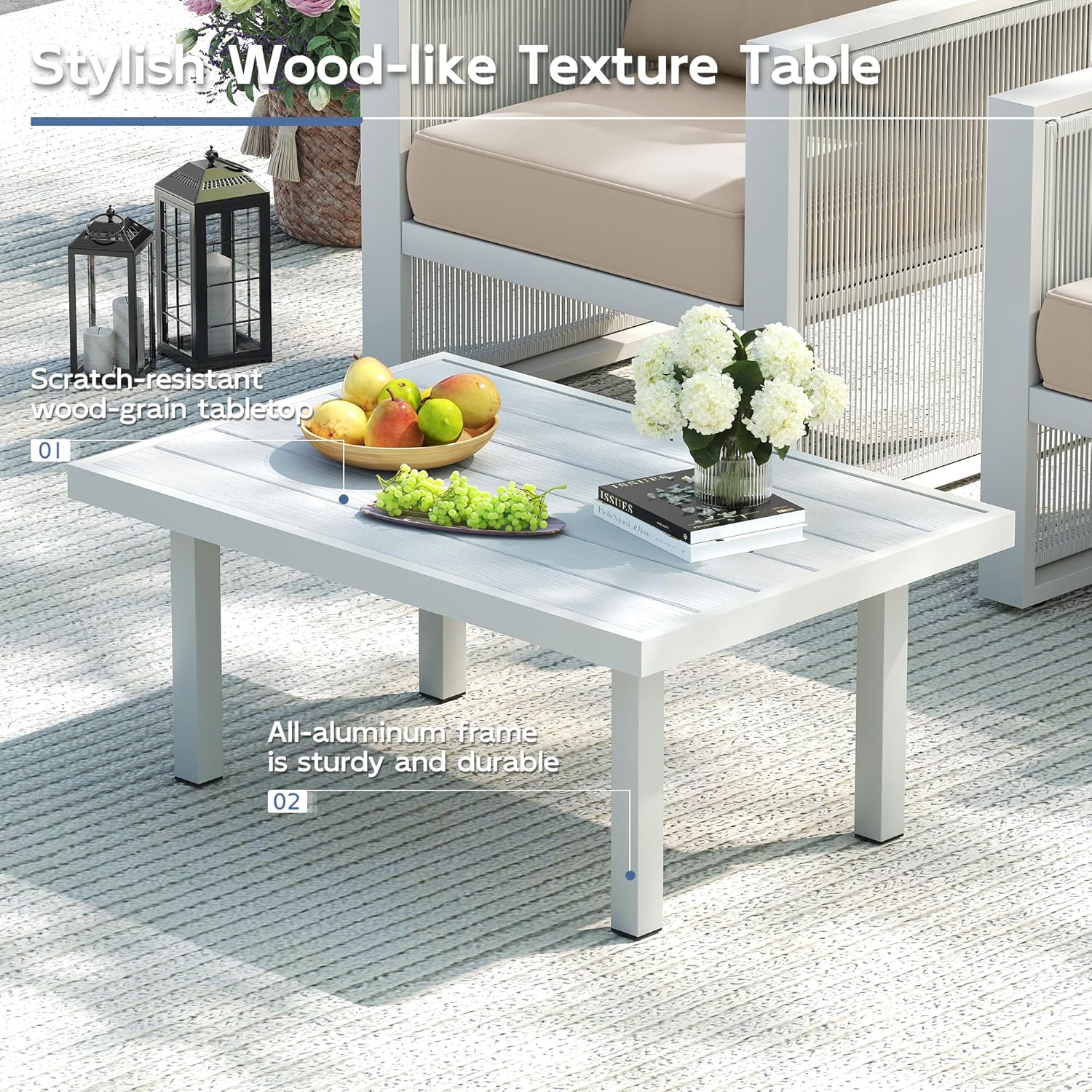 UDPATIO Aluminum Outdoor Patio Furniture Set with Coffee Table, 4 Piece Modern Patio Furniture Set, Patio Conversation Sets with Thickend Cushions and PE Rope, for Porch, Balcony, Light Grey/Beige