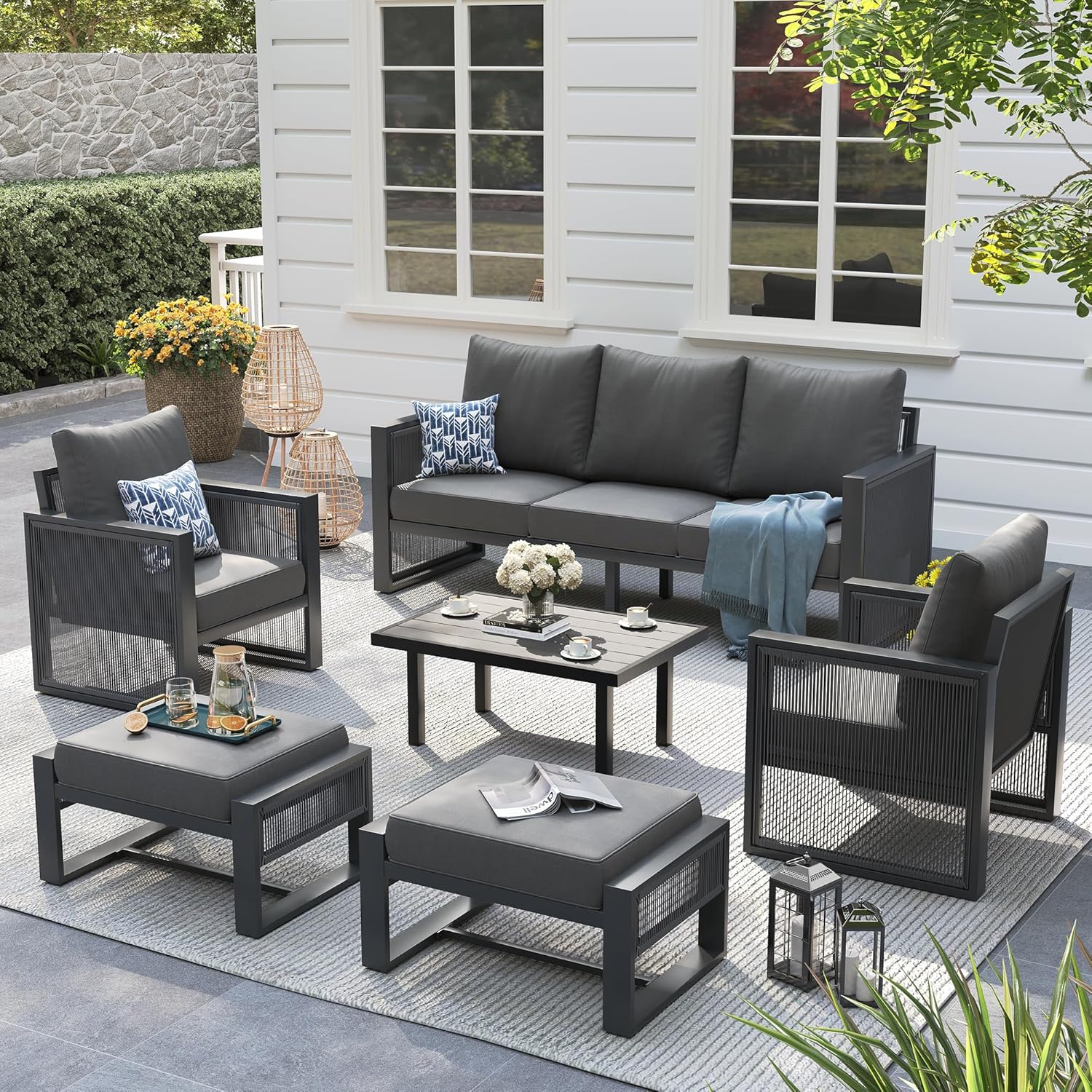 UDPATIO Aluminum Outdoor Patio Furniture Set with Coffee Table and Ottoman, 6 Piece Modern Patio Furniture Set, PE Rope Patio Conversation Sets with Thickend Cushions, for Porch, Balcony, Dark Grey