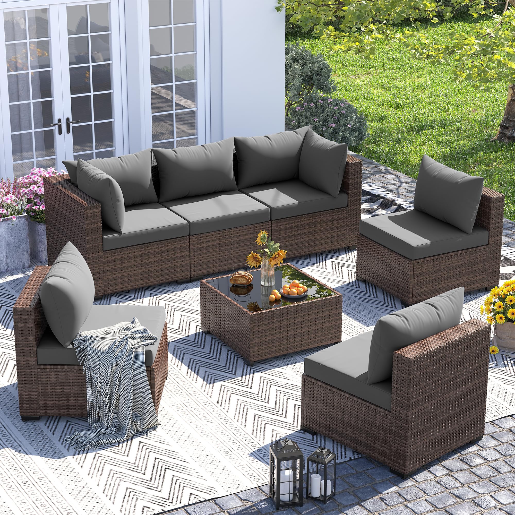 UDPATIO Furniture Set, 7 Piece Sectional Sofas with Wicker Coffee Table, Conversation for Garden, Backyard, Dark Grey