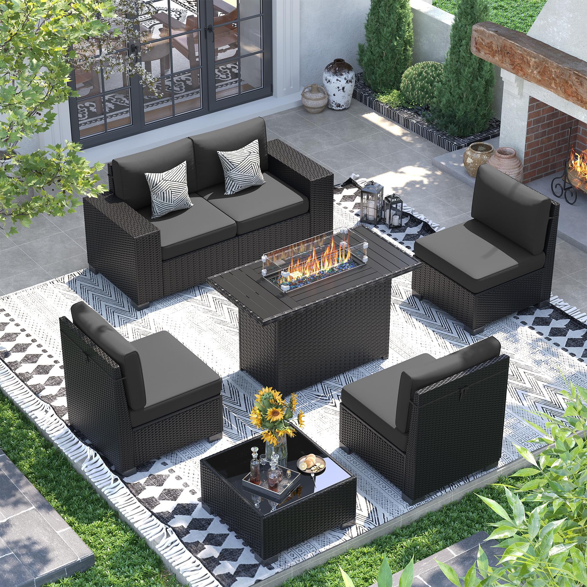 UDPATIO Patio Furniture Set with Fire Pit Table, Outdoor Wicker Conversation Set with 8'' Wide Armrests, Patio Sectional Sofa Set for Backyard, Deck, Black Cushions