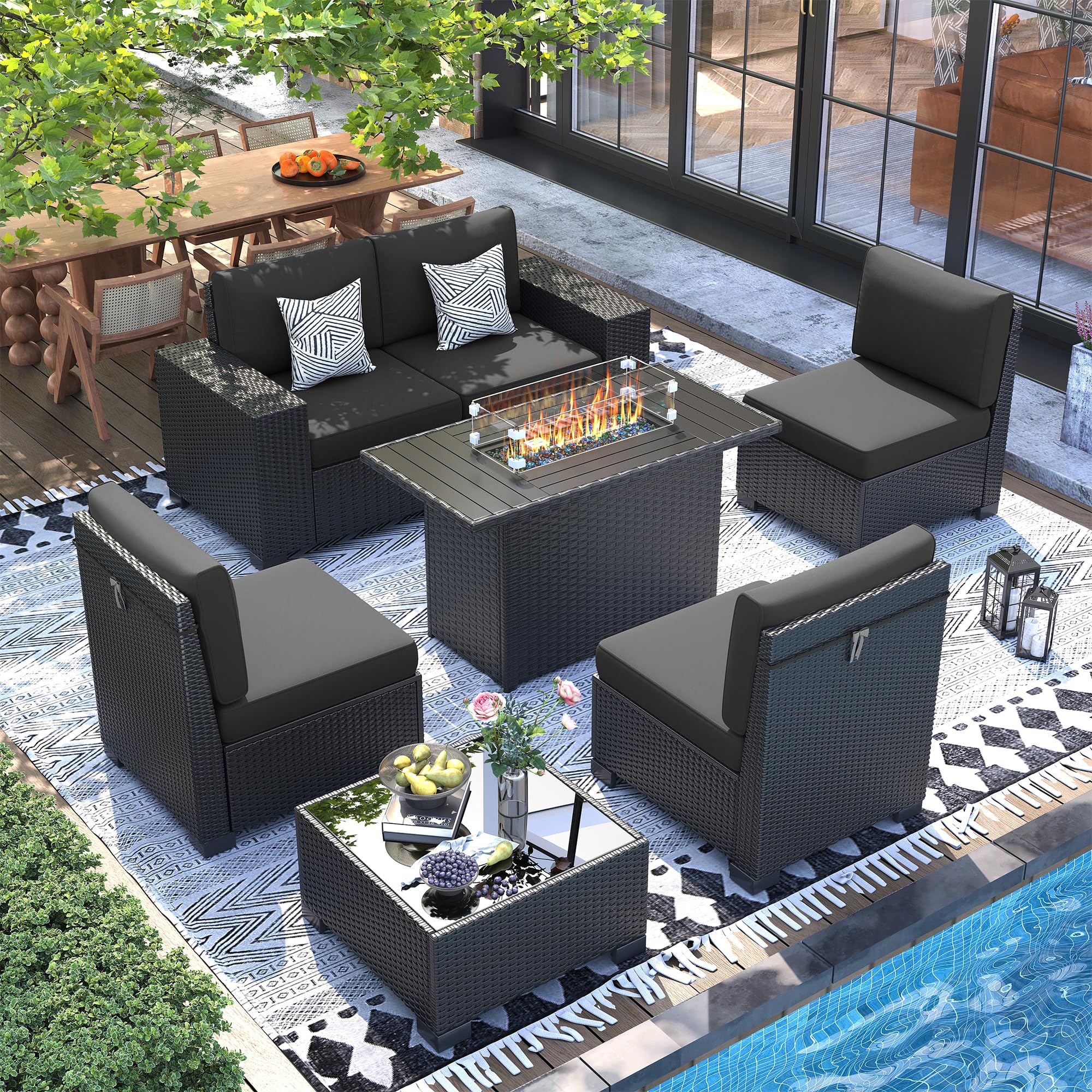 UDPATIO Patio Furniture Set with Fire Pit Table, Outdoor Wicker Conversation Set with 8'' Wide Armrests, Patio Sectional Sofa Set for Backyard, Deck, Black Cushions