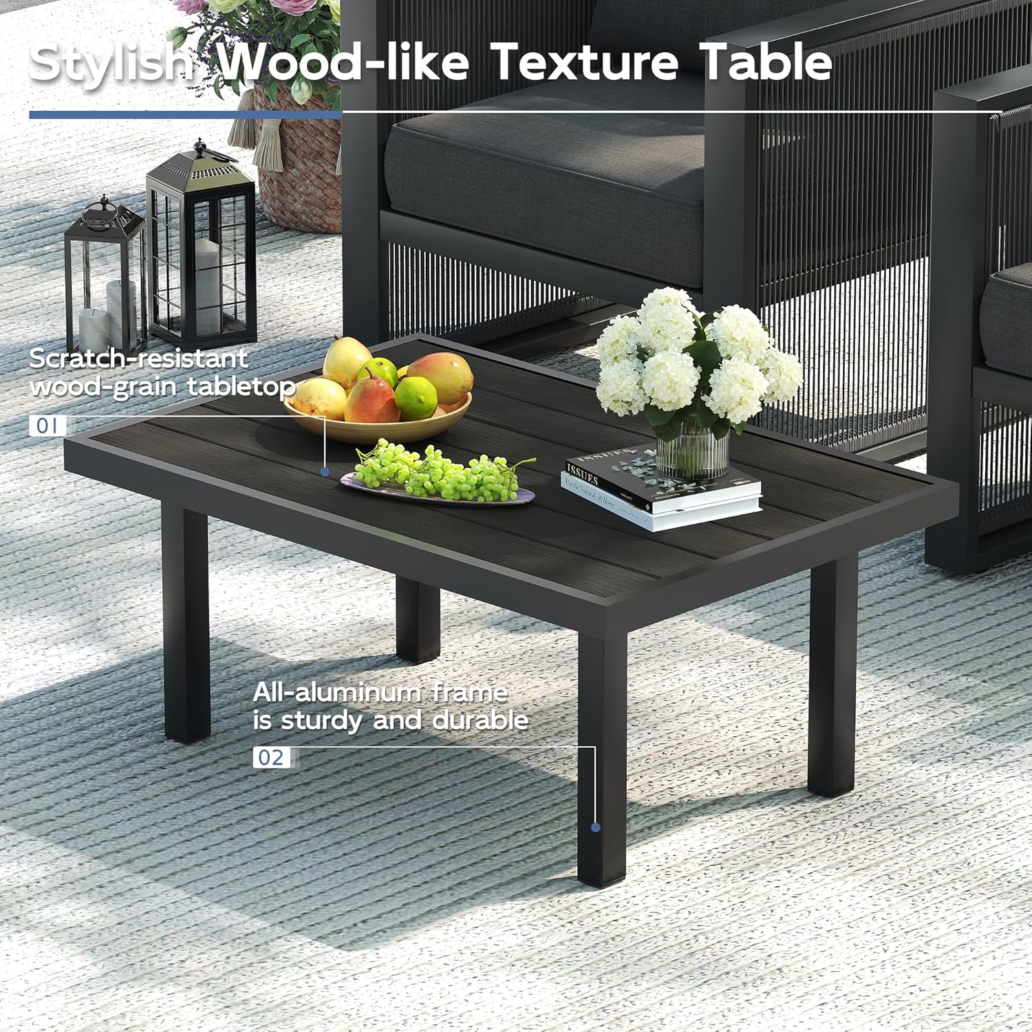 UDPATIO Aluminum Outdoor Patio Furniture Set with Coffee Table and Ottoman, 6 Piece Modern Patio Furniture Set, PE Rope Patio Conversation Sets with Thickend Cushions, for Porch, Balcony, Dark Grey