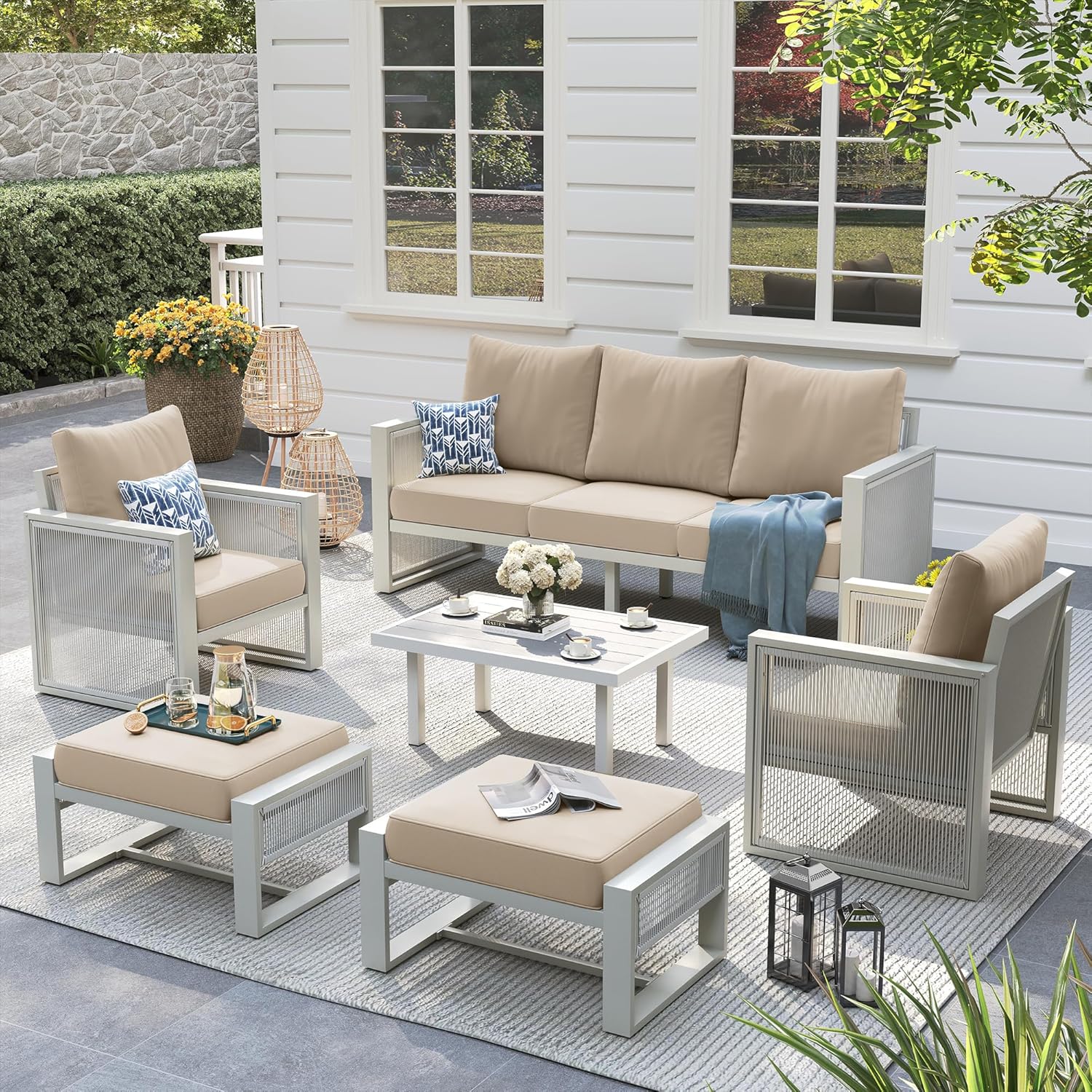 UDPATIO Aluminum Outdoor Patio Furniture Set with Coffee Table, 6-Piece Modern Patio Sectional Furniture Set, PE Rope Patiio Conversation Set, for Porch/Backyard/Deck, Light Grey/Beige