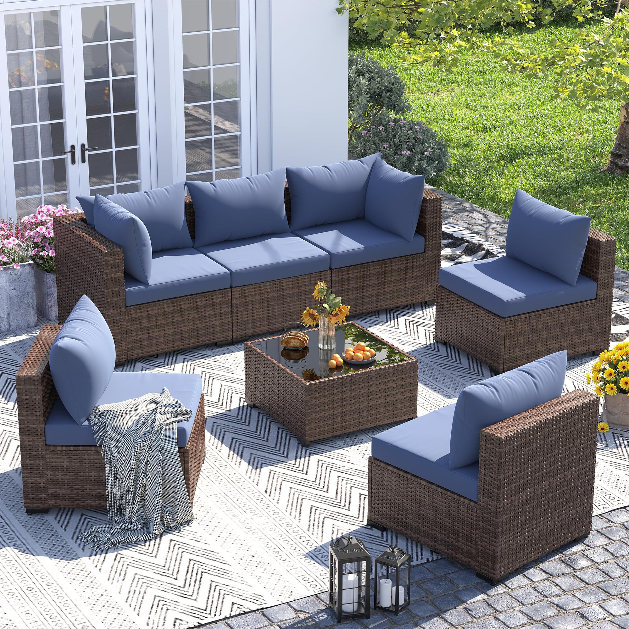 UDPATIO Outdoor Furniture 7-Piece Wicker Patio Set, Non-Slip Cushion