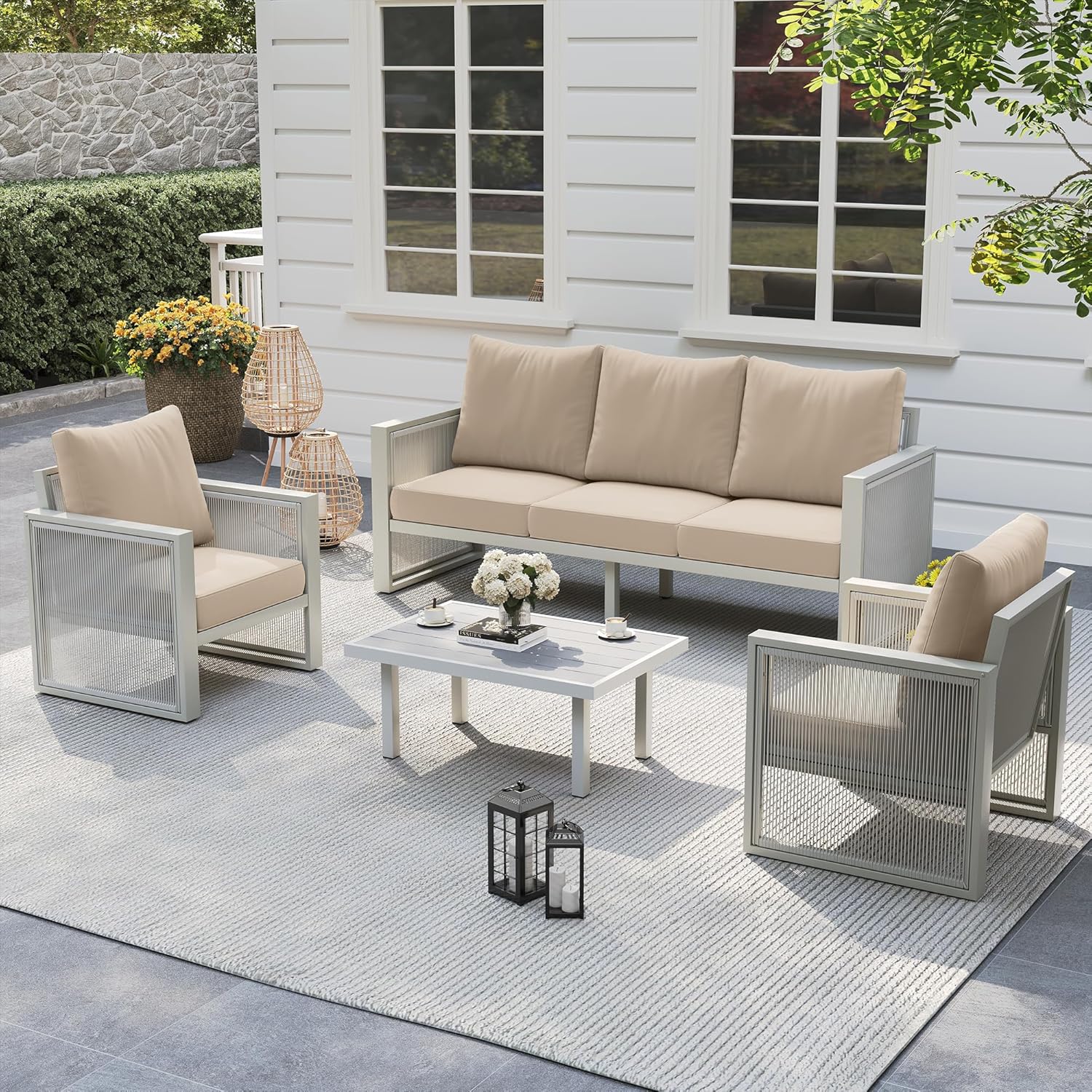UDPATIO Aluminum Outdoor Patio Furniture Set with Coffee Table, 4 Piece Modern Patio Furniture Set, Patio Conversation Sets with Thickend Cushions and PE Rope, for Porch, Balcony, Light Grey/Beige