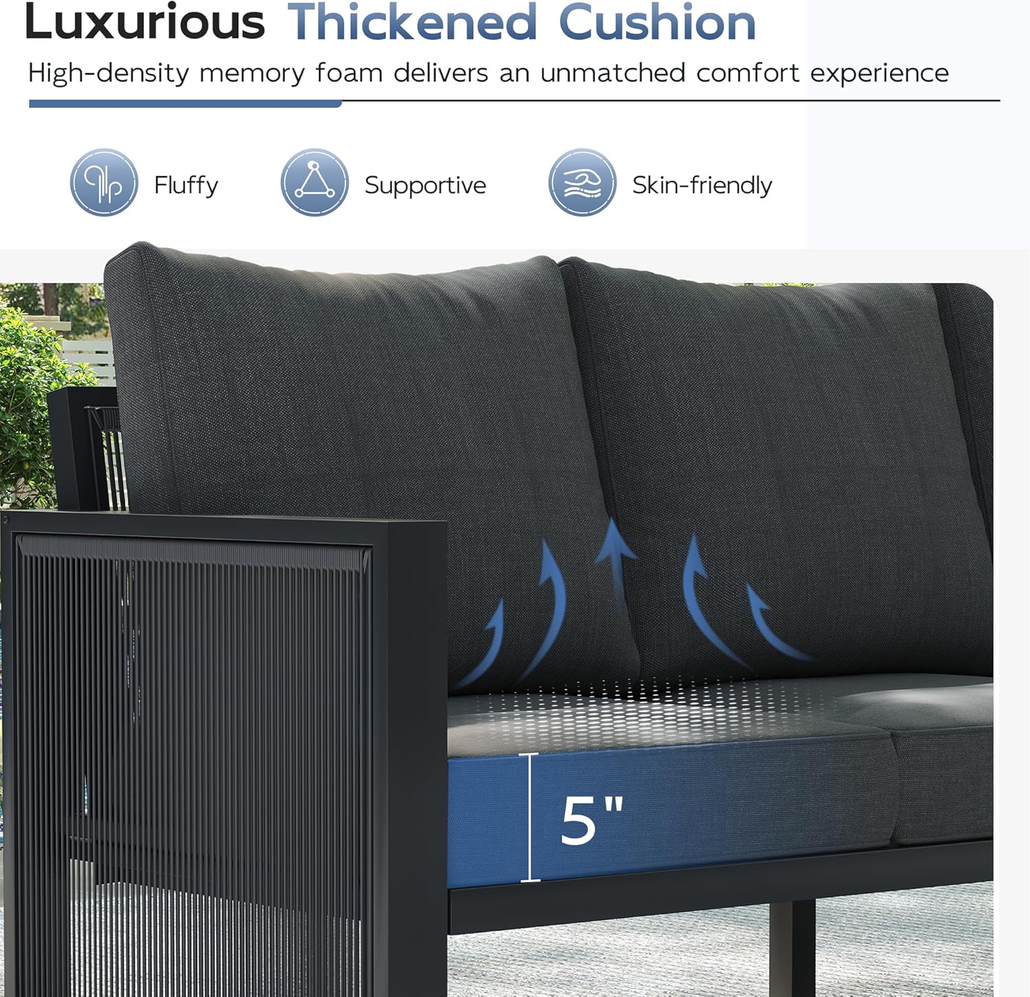 UDPATIO Aluminum Outdoor Patio Furniture Set with Coffee Table and Ottoman, 6 Piece Modern Patio Furniture Set, PE Rope Patio Conversation Sets with Thickend Cushions, for Porch, Balcony, Dark Grey