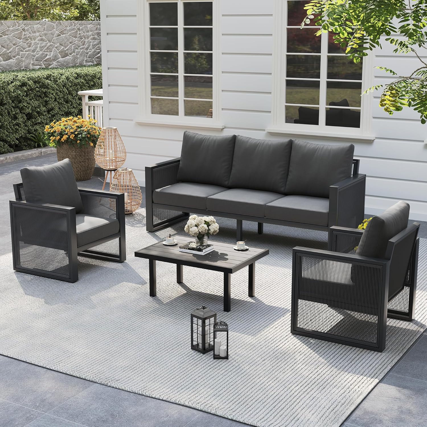 UDPATIO Aluminum Outdoor Patio Furniture Set with Coffee Table, 4-Piece Modern Patio Sectional furniture set, PE Rope Patiio Conversation Set with Thickend Cushions, for Porch/Backyard/Deck, Dark Grey