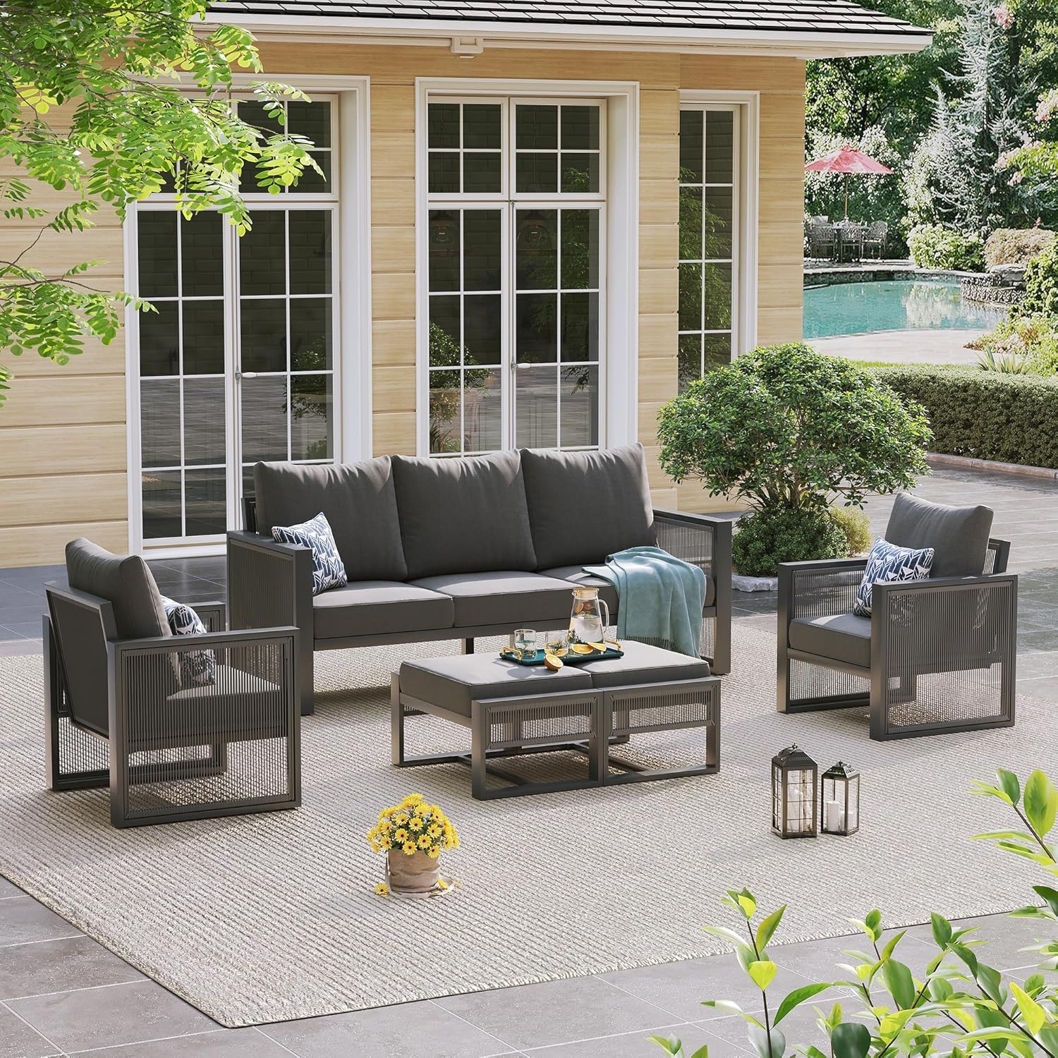 UDPATIO Aluminum Outdoor Patio Furniture Set with Coffee Table, 4 Piece Modern Patio Furniture Set, Patio Conversation Sets with Thickend Cushions and PE Rope, for Porch, Balcony, Light Grey/Beige