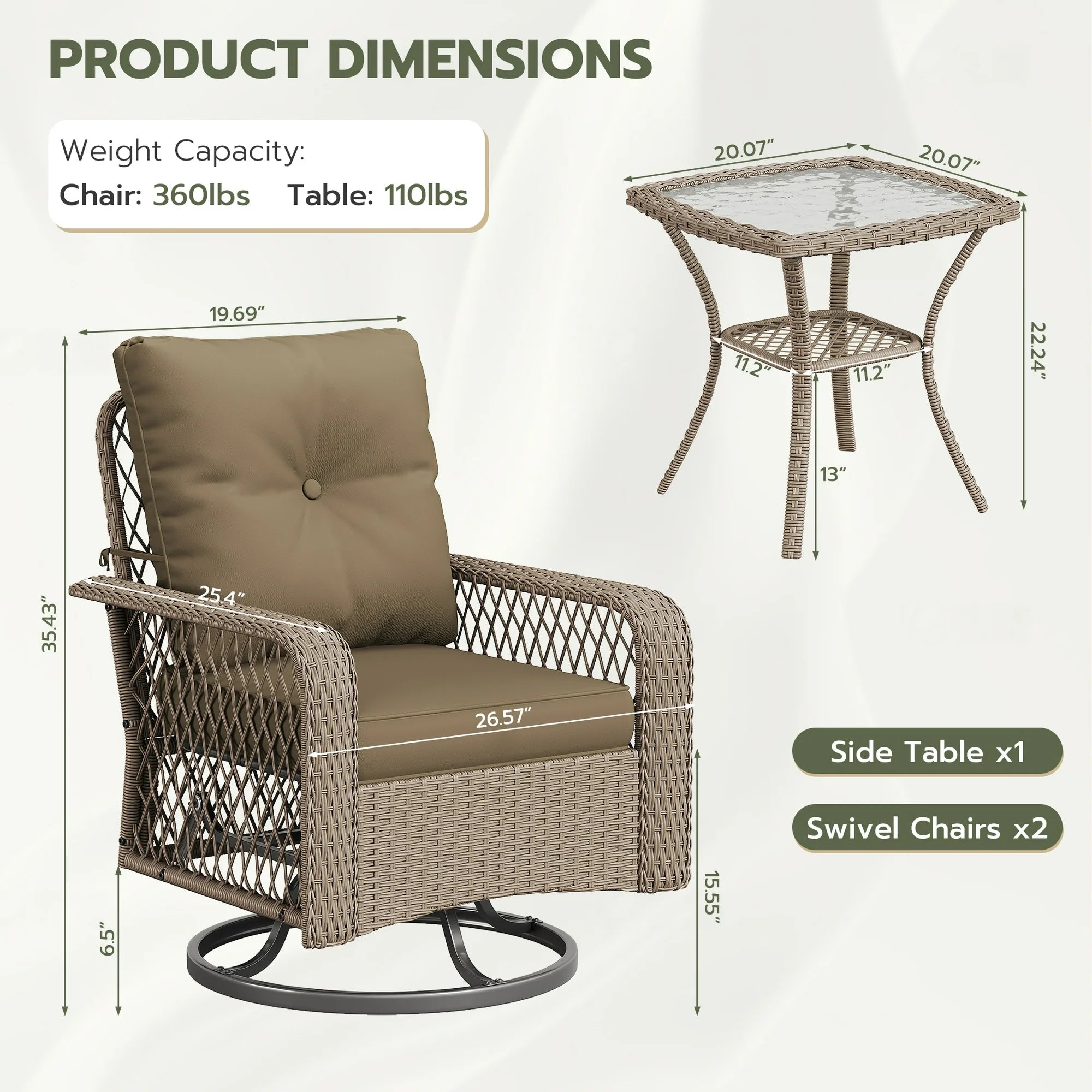UDPATIO 3 Pieces Patio Furniture Set, Outdoor Swivel Gliders Rocker, Wicker Patio Bistro Set with Rattan Rocking Chair, Glass Top Side Table and Thickened Cushions (Brown coffee)