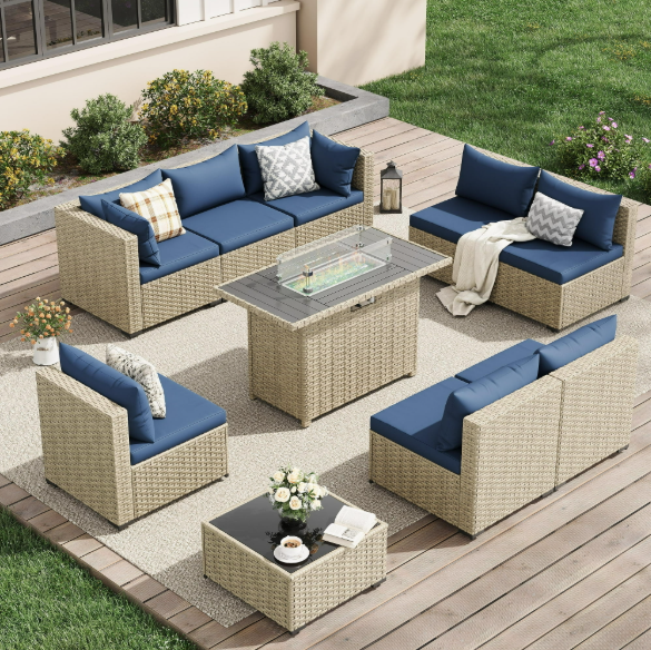 UDPATIO 9 Pieces Outdoor Patio Furniture Set with 44" Fire Pit Table, Outdoor Wicker Patio Conversation Set with Cushions for Backyard, Porch, Garden(Haze Blue)