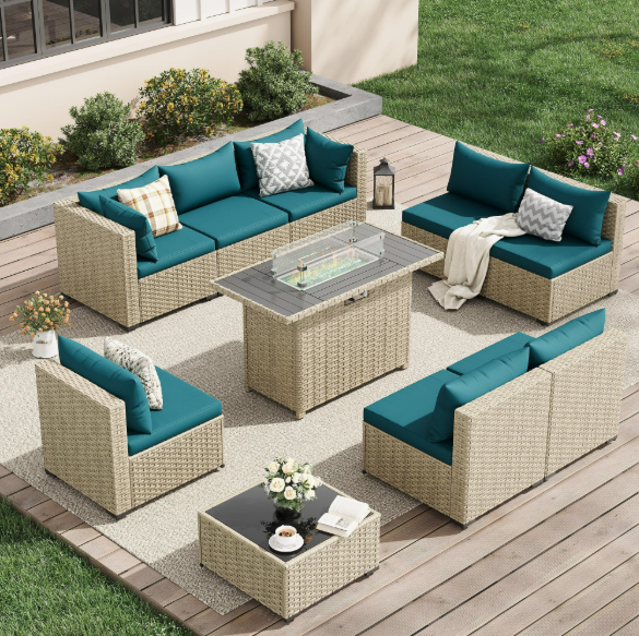 UDPATIO 9 Pieces Outdoor Patio Furniture Set with 44" Fire Pit Table, Outdoor Wicker Patio Conversation Set with Cushions for Backyard, Porch, Garden(Peacock Blue)