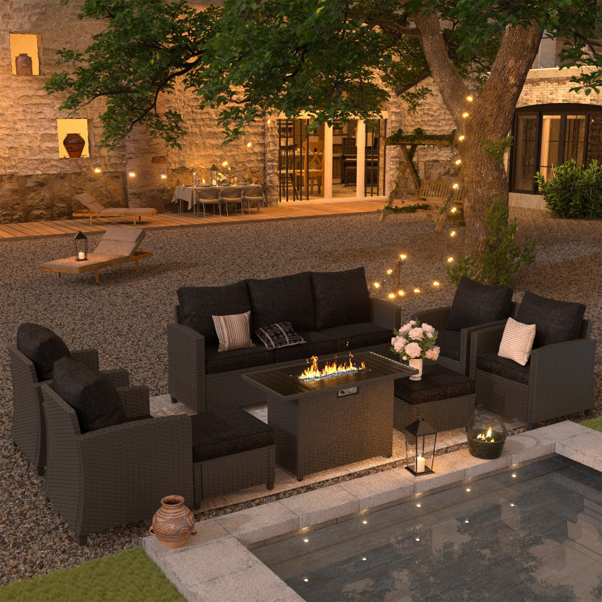 UDPATIO Patio Furniture Set with 44" Fire Pit Table, 8 Pieces Outdoor Sectional Conversation Sets, All-Weather Wicker Rattan Sofa Ottoman with 4" Thick Cushion for Garden Backyard Deck, Black