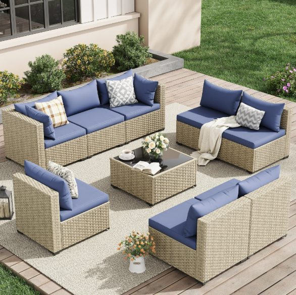 UDPATIO 9 Pieces Outdoor Patio Furniture Set, Outdoor Wicker Patio Conversation Set with Cushions for Backyard, Porch, Garden(Haze Blue)