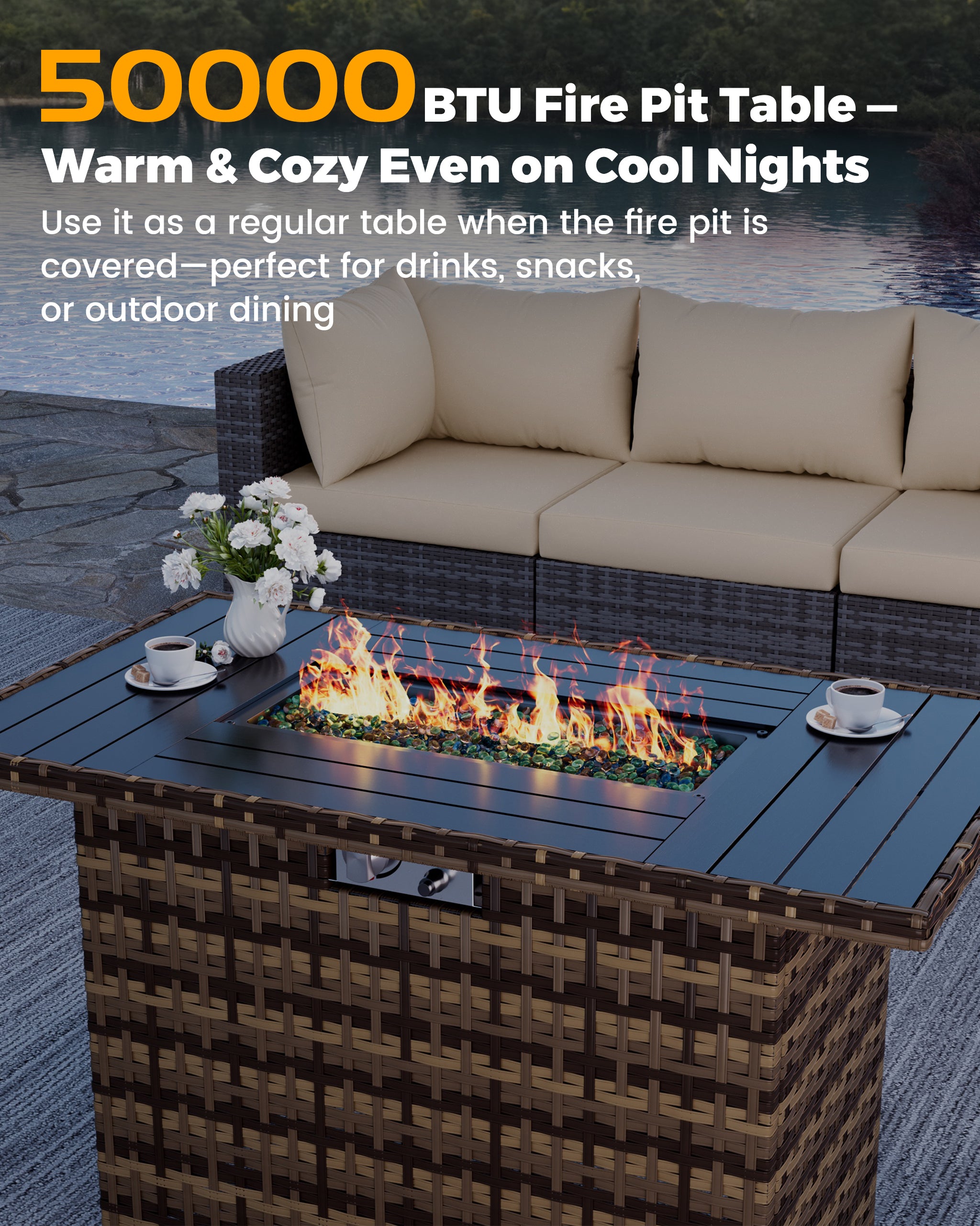 UDPATIO Furniture Set with Fire Pit Table, 8 Piece Sectional Sofas, All-Weather Wicker Conversation for Garden, Backyard, Beige