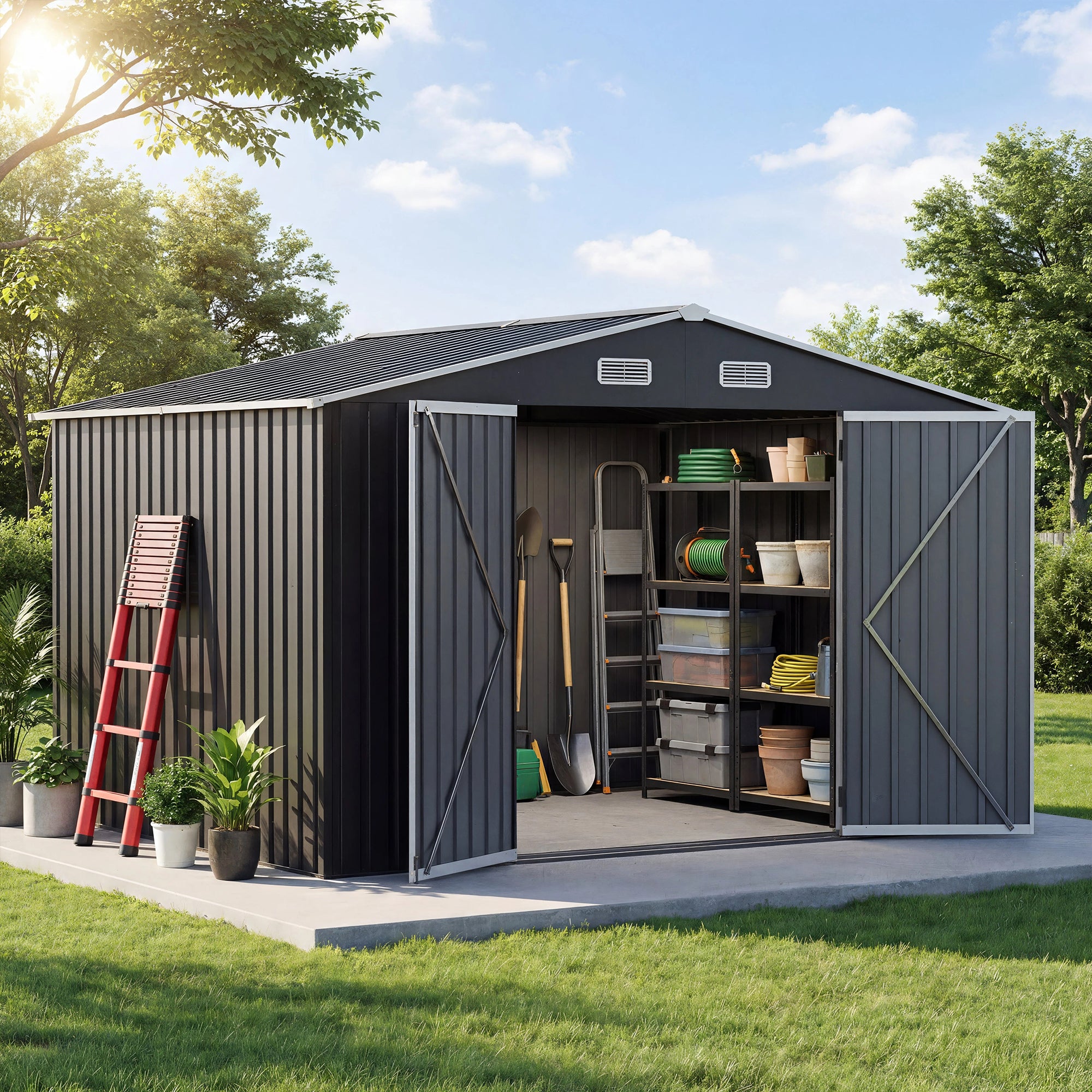 UDPATIO 10X8 FT Outdoor Storage Shed, Metal Garden Tool Shed with Sloped Roof & Lockable Door, Outside All-Weather Resistant Heavy Duty Sheds for Bicycle, Tool in Patio Lawn, Backyard, Grey