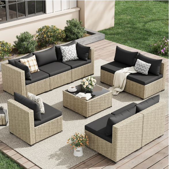 UDPATIO 9 Pieces Outdoor Patio Furniture Set, Outdoor Wicker Patio Conversation Set with Cushions for Backyard, Porch, Garden(Black)
