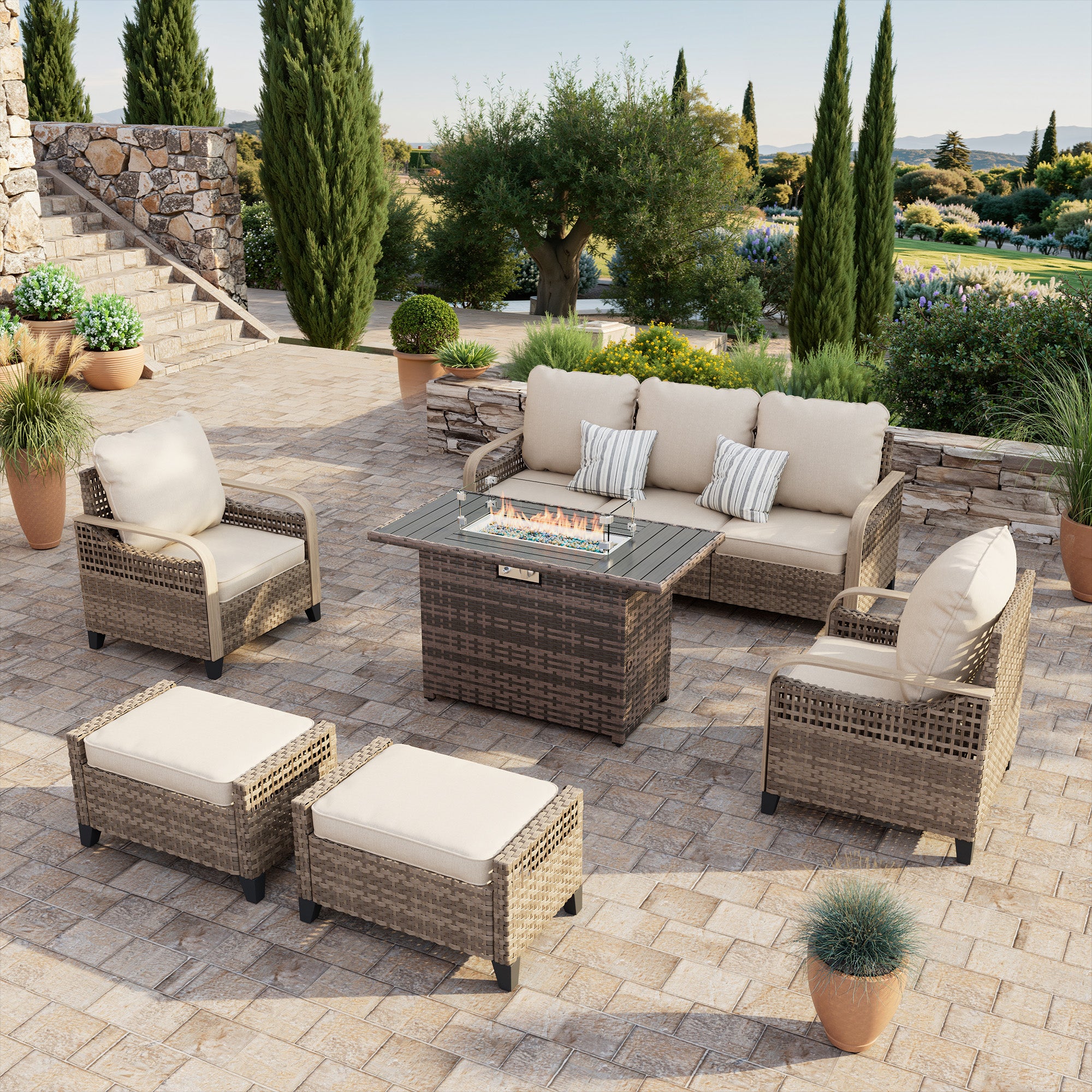 Patio Furniture Set with Fire Pit Table, 6 Pcs Patio Set with 105-Degree Ergonomic High Back, Yellow Wicker Rattan Outdoor Conversation Sets for Deck, Yard, and Poolside