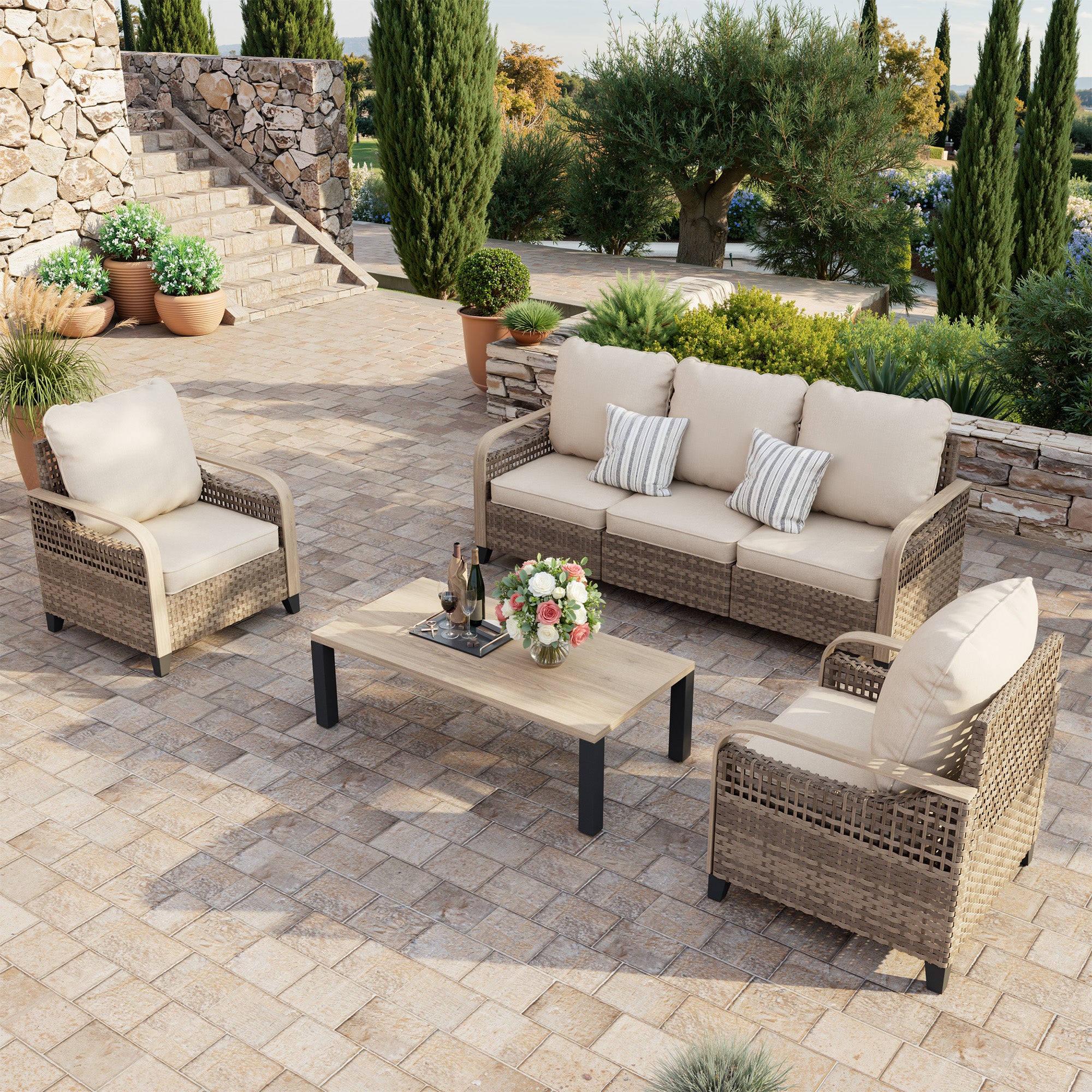 Outdoor Patio Furniture Set with Swivel Glide Chairs, 6 Pieces Patio Set Washable Thick Cushions, Rattan Patio Conversation Sets for Deck, Yard, and Poolside, Yellow/Beige