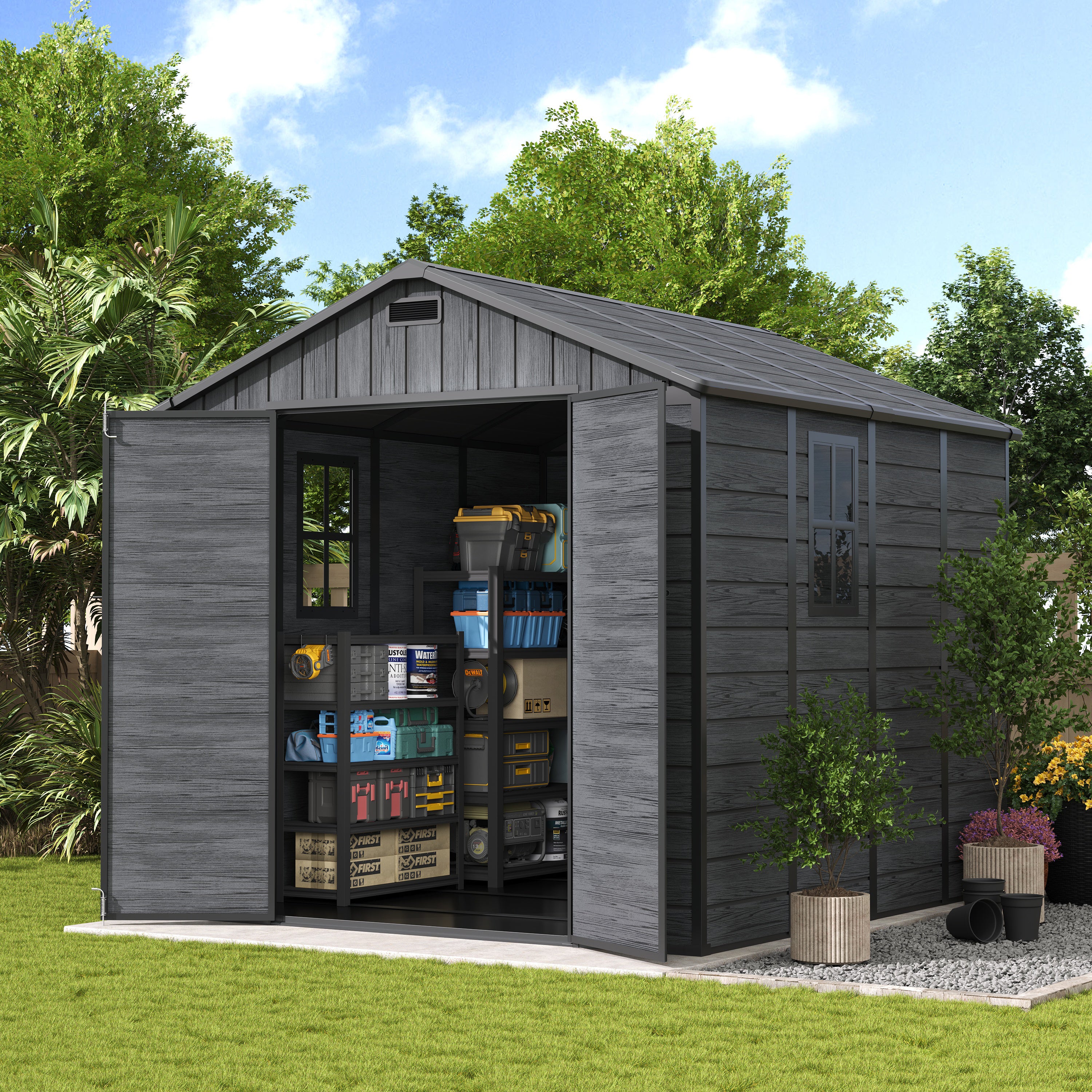 UDPATIO Outdoor Resin Storage Shed 8 x 10 FT, Plastic Storage Shed with Floor Large Outdoors Garden Tool Storage Shed Outside Clearance Shed with Lockable Door for Bike, Backyard, Patio, Dark Grey