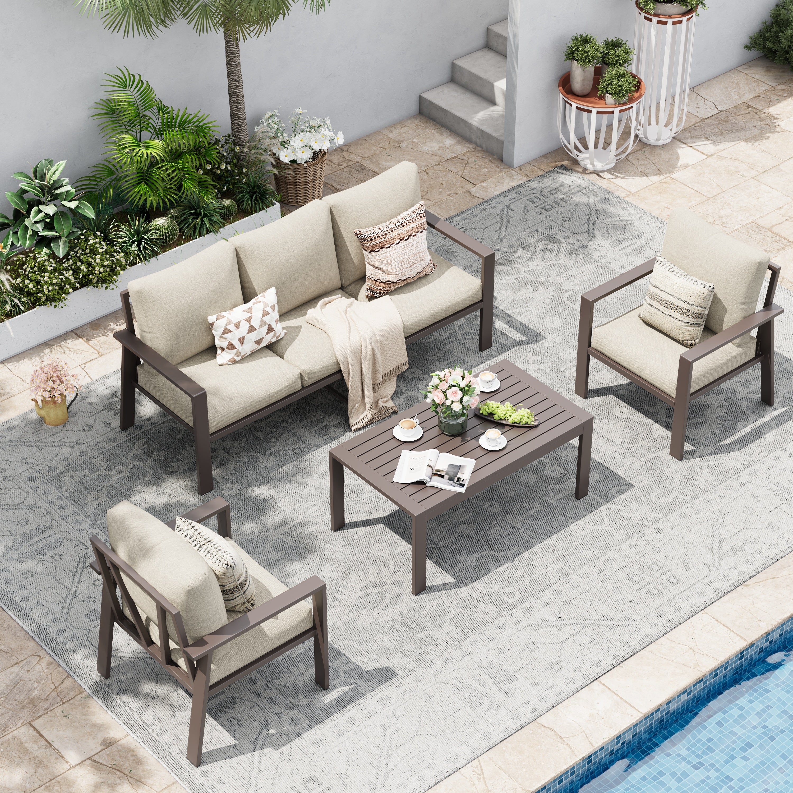 UDPATIO Aluminum Patio Furniture Set, Contemporary Outdoor Couch Set, Aluminum Patio Conversation Set, Beige