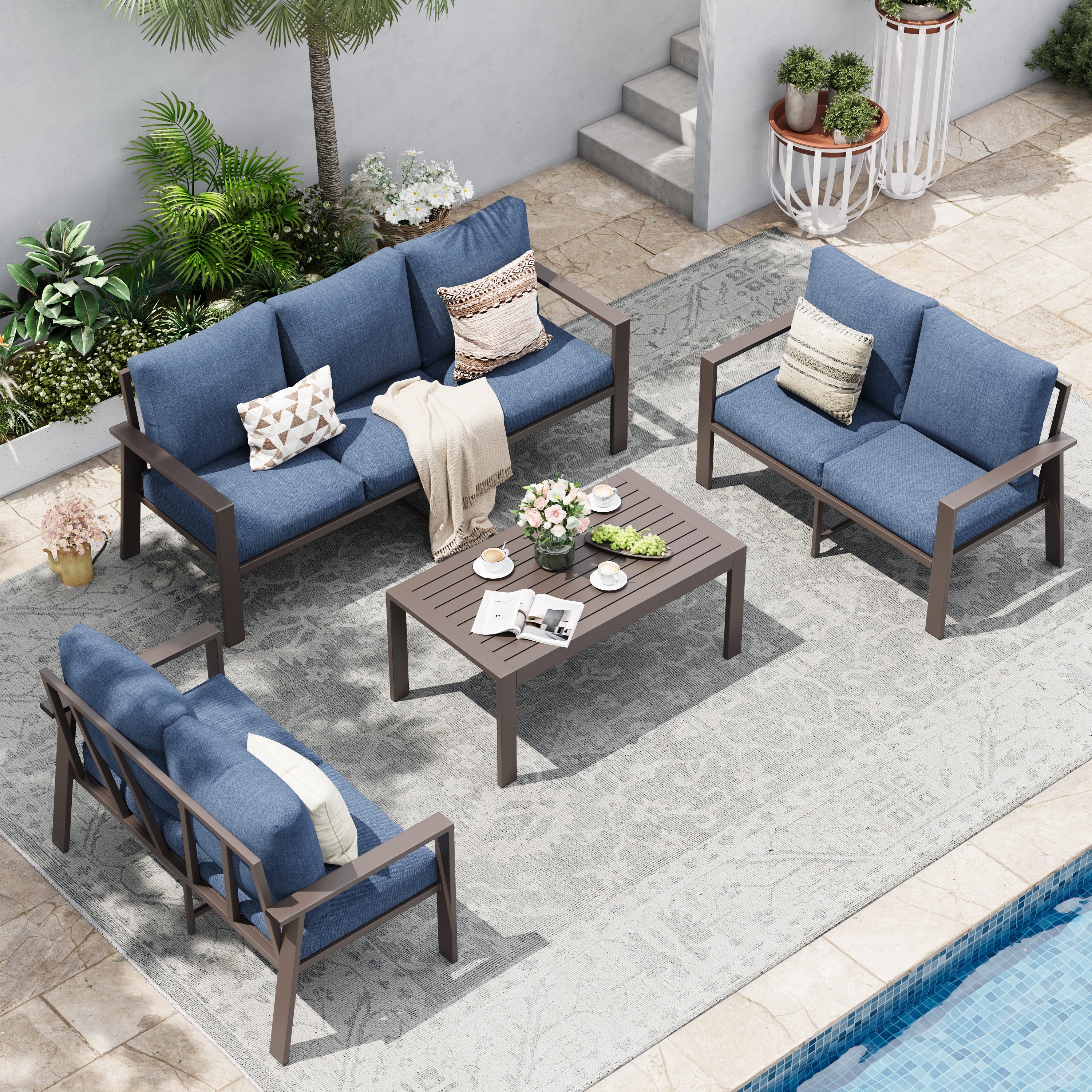 UDPATIO Aluminum Patio Furniture Set, Contemporary Outdoor Couch Set, Aluminum Patio Conversation Set, Blue
