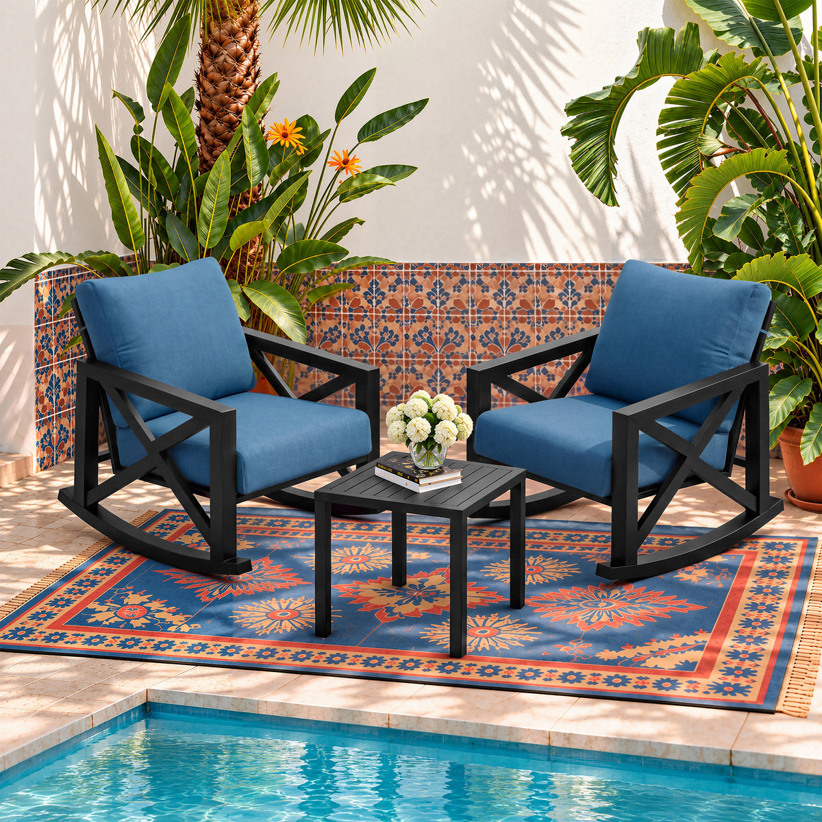UDAPTIO Outdoor Rocking Chairs with 6-Inch Cushions, 3-Piece Bistro Set  Smooth Rocking Motion; 6-Inch Foam Cushions; Polyester Fabric; Iron Frame; 350 lb Capacity; Black & Blue