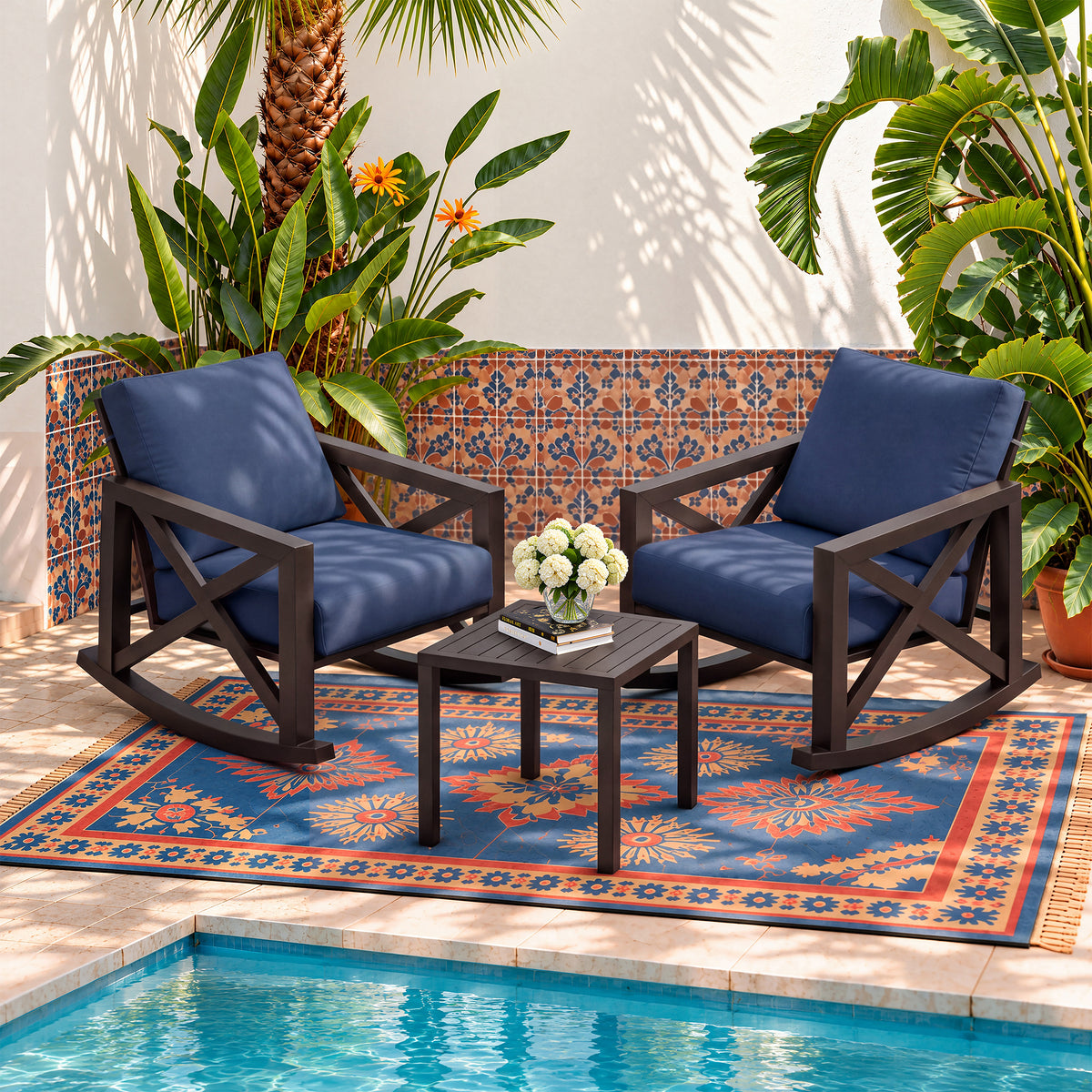 UDAPTIO Outdoor Rocking Chairs with 6-Inch Cushions, 3-Piece Bistro Set  Smooth Rocking Motion; 6-Inch Foam Cushions; Polyester Fabric; Iron Frame; 350 lb Capacity; Brown & Navy