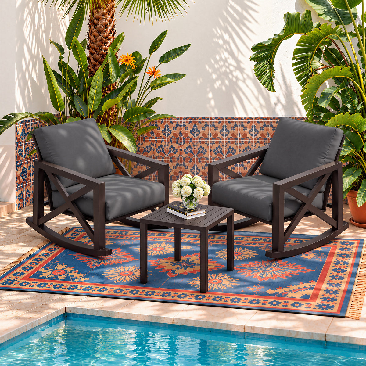 UDAPTIO Outdoor Rocking Chairs with 6-Inch Cushions, 3-Piece Bistro Set  Smooth Rocking Motion; 6-Inch Foam Cushions; Polyester Fabric; Iron Frame; 350 lb Capacity;Brown & Grey